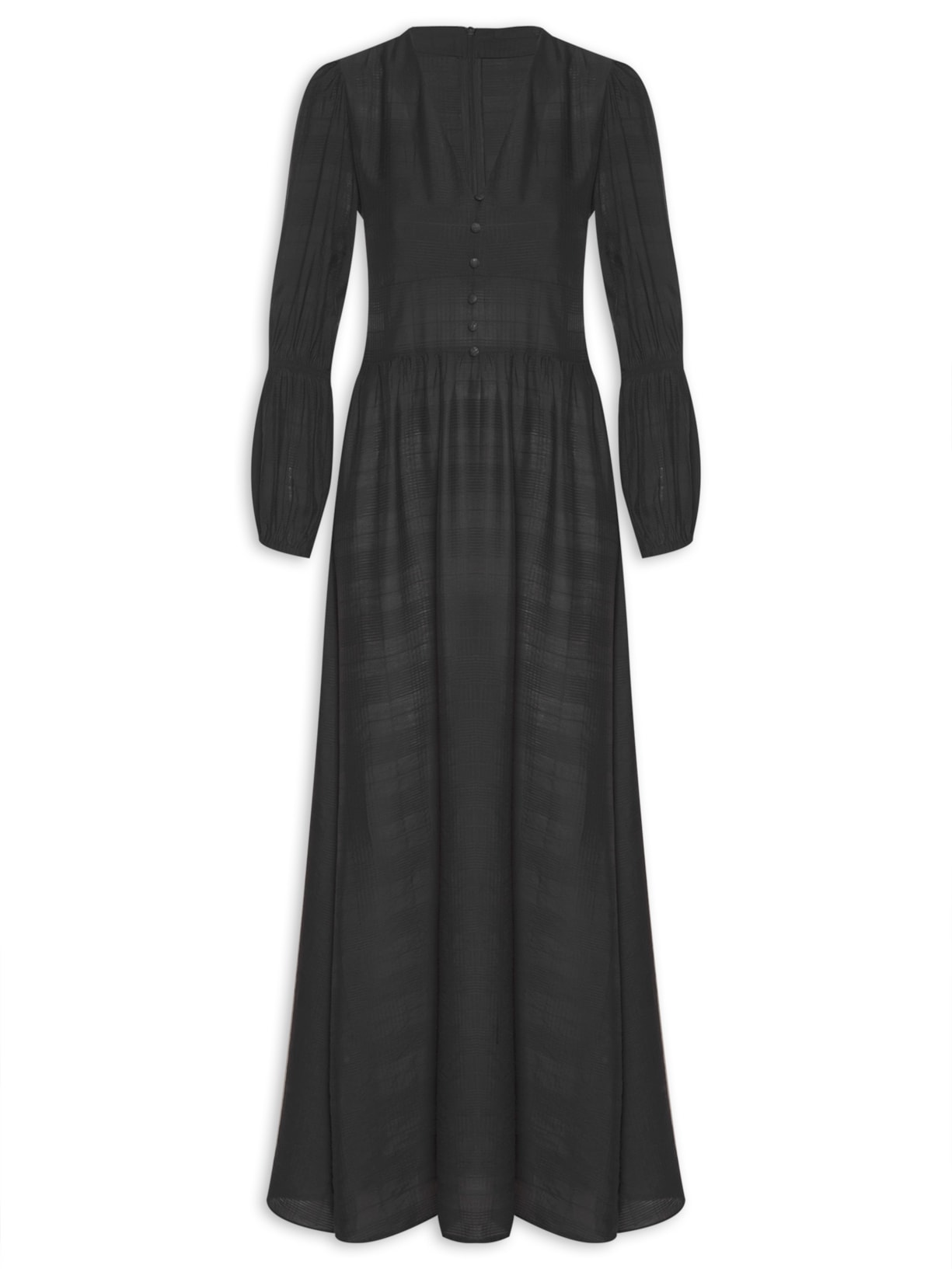 Vestido Longo Em Viscose Com Manga Bufante - Preto