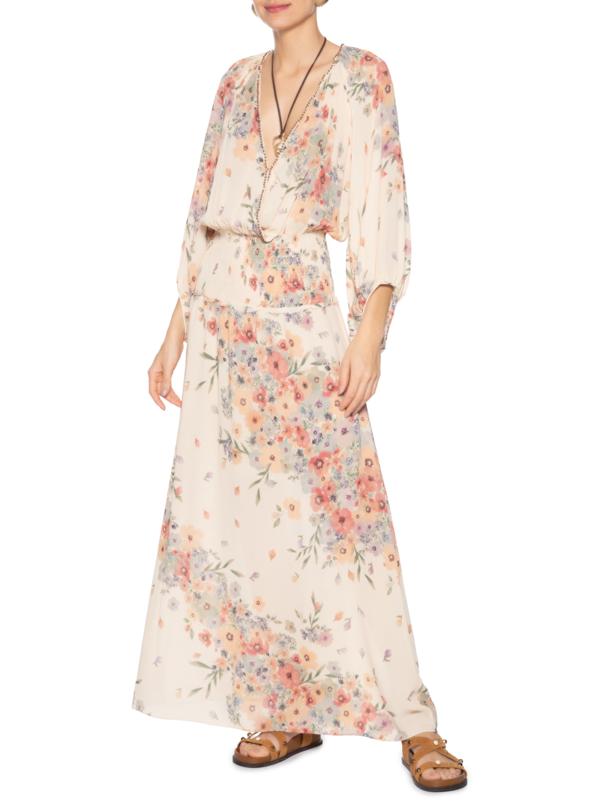 Vestido Longo Estampa Allure Bege Maria Filó