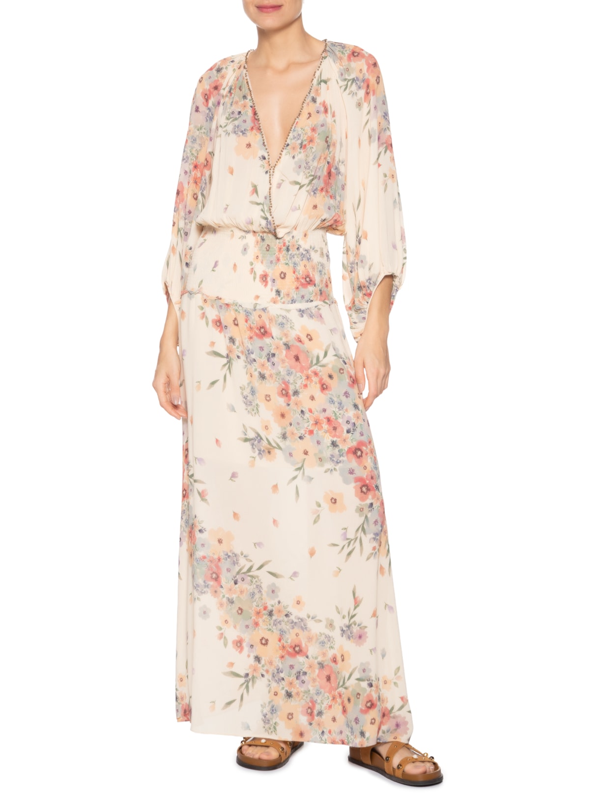 Vestido Longo Estampa Allure Bege Maria Filó