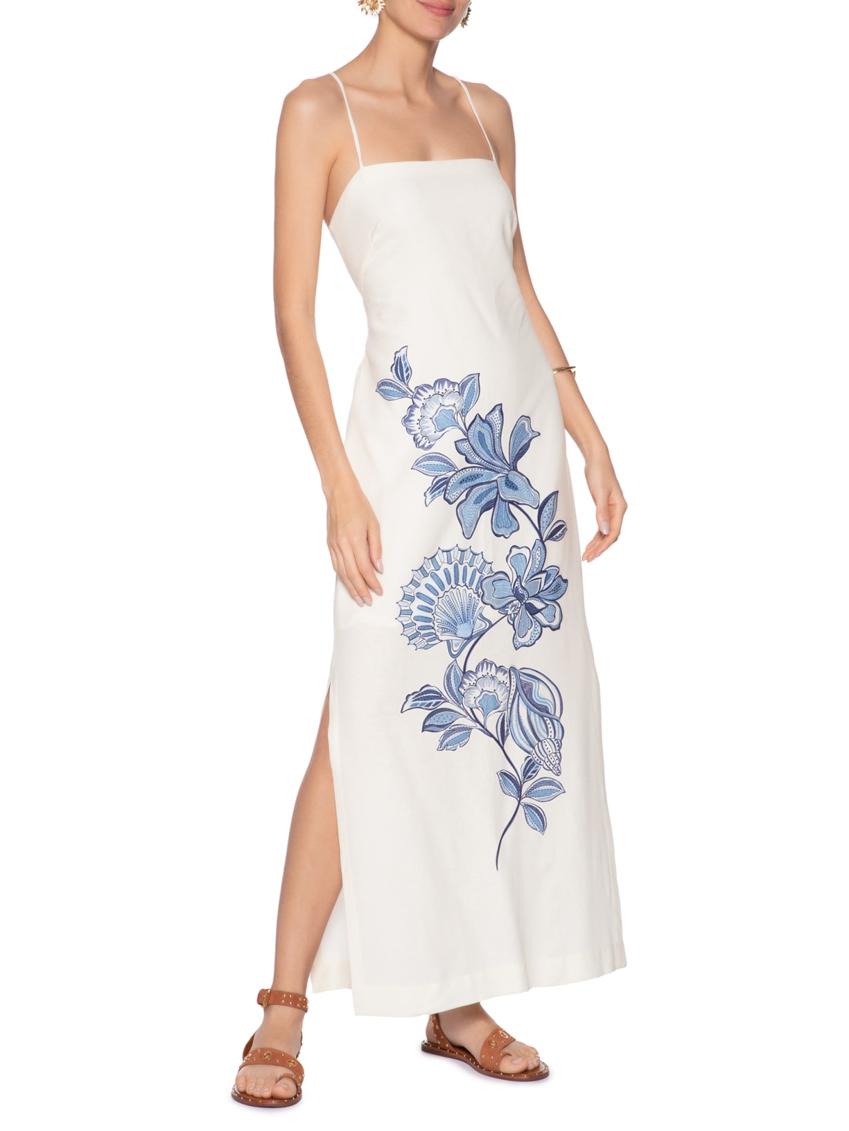 Vestido Longo Estampa Flor Do Oceano Branco Dress To
