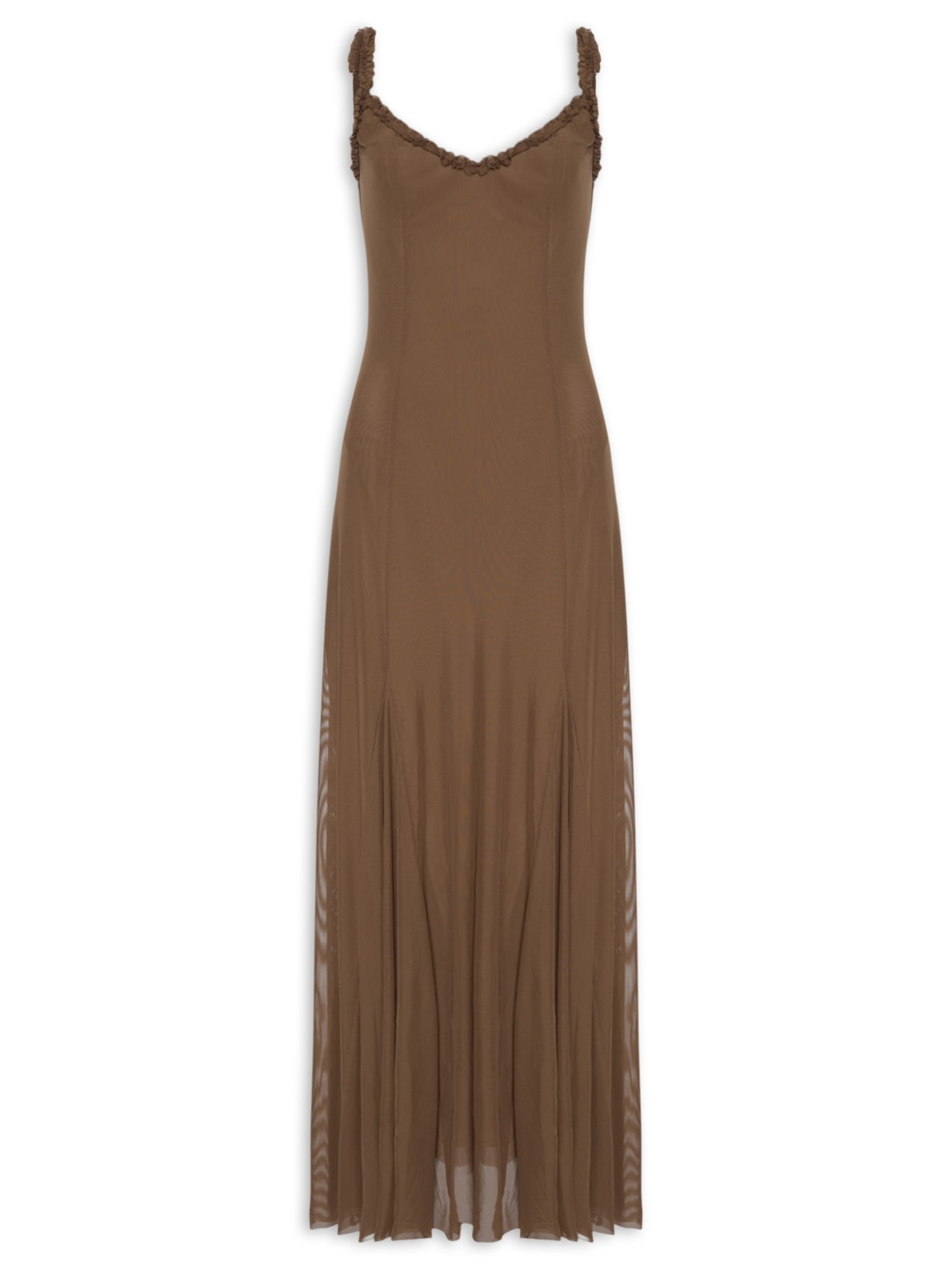 Vestido Longo Feminino Em Tule - Marrom