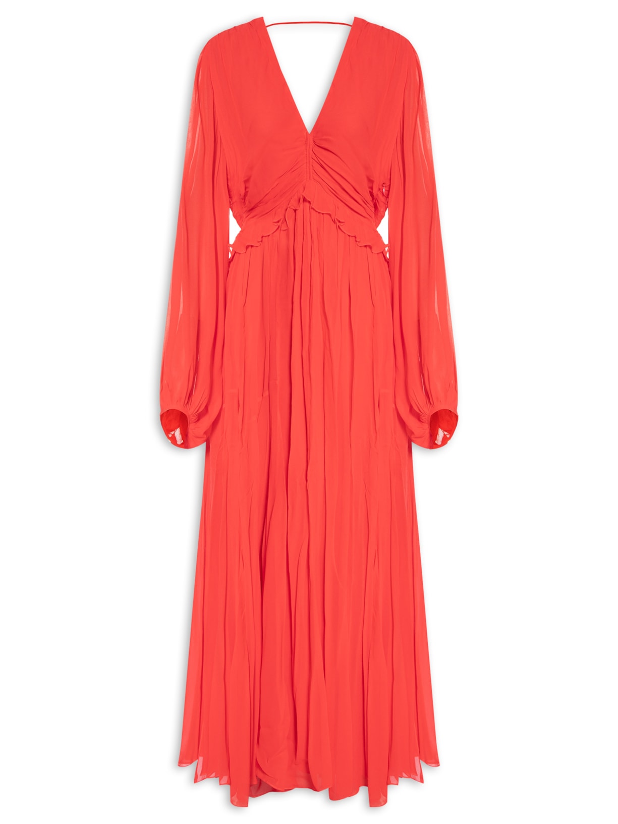 Vestido Longo Franzido Coral - Vermelho