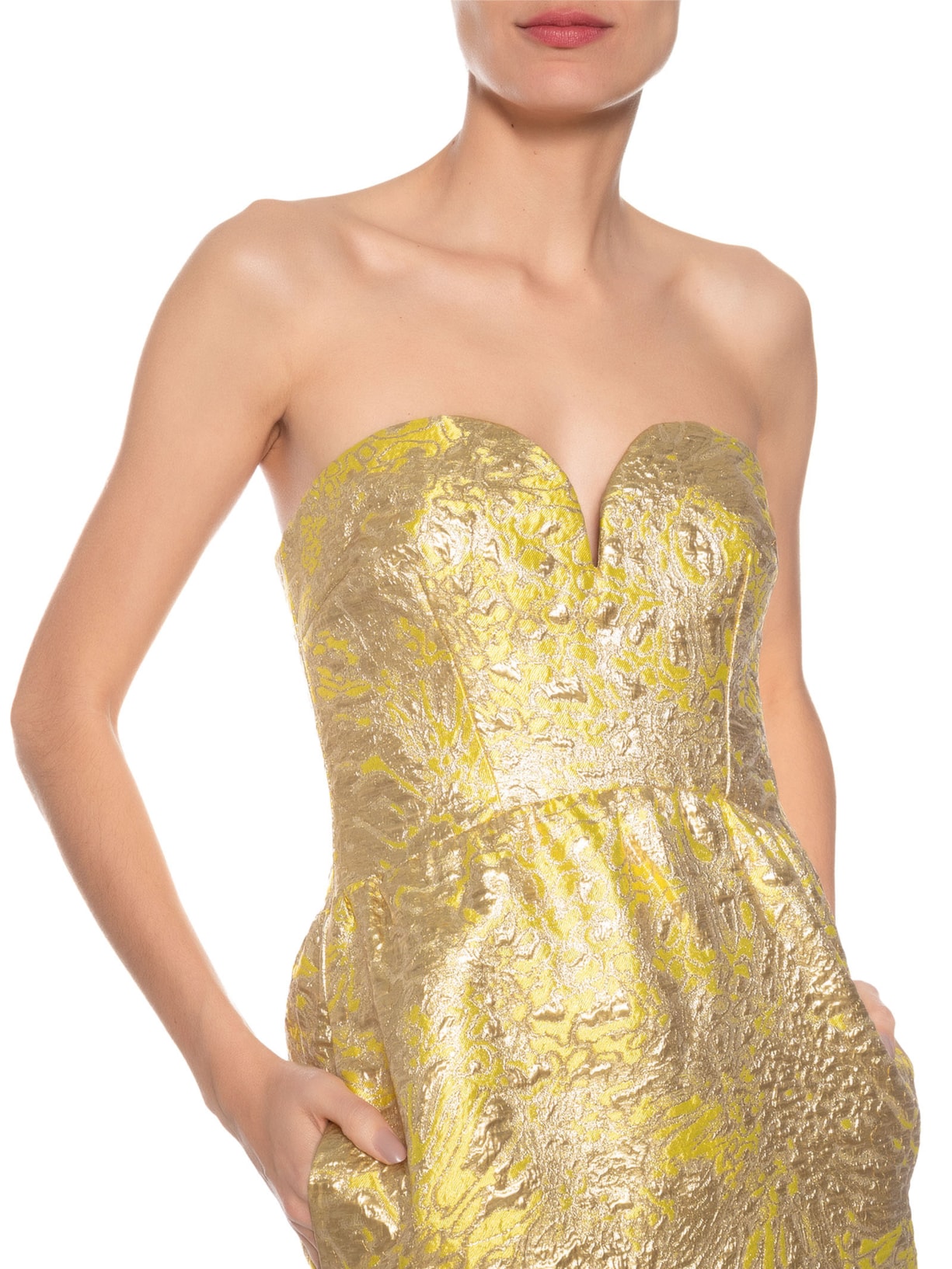 Vestido Longo Franzido Dourado Reinaldo Lourenço