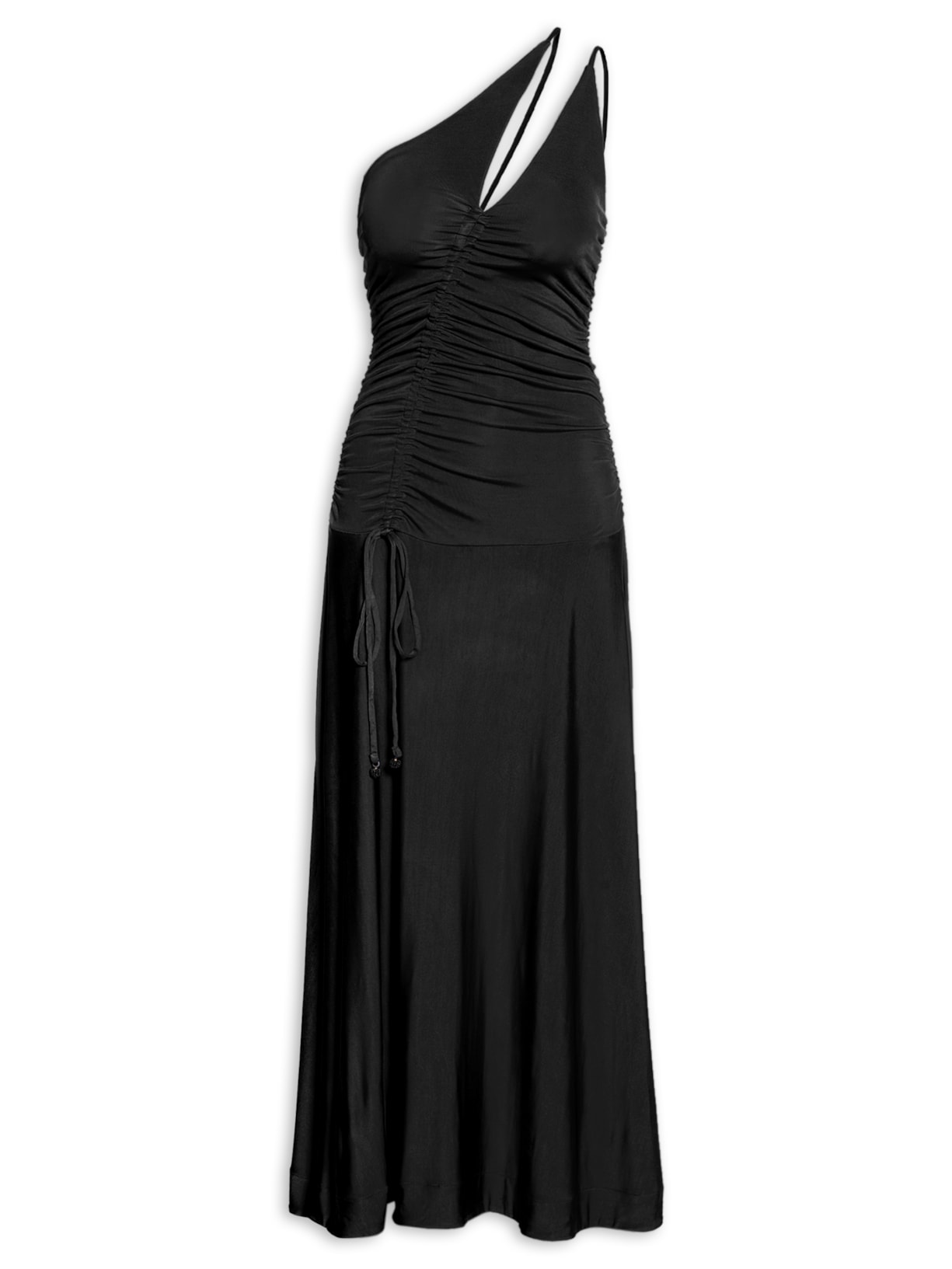 Vestido Longo Franzido Ombro Só - Preto