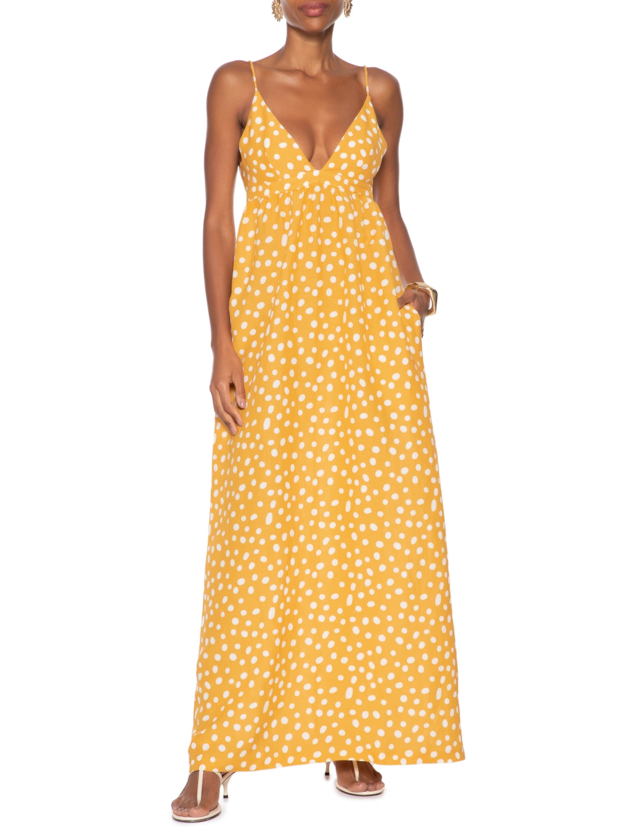 Vestido Longo Franzido Pois Amarelo Adriana Degreas