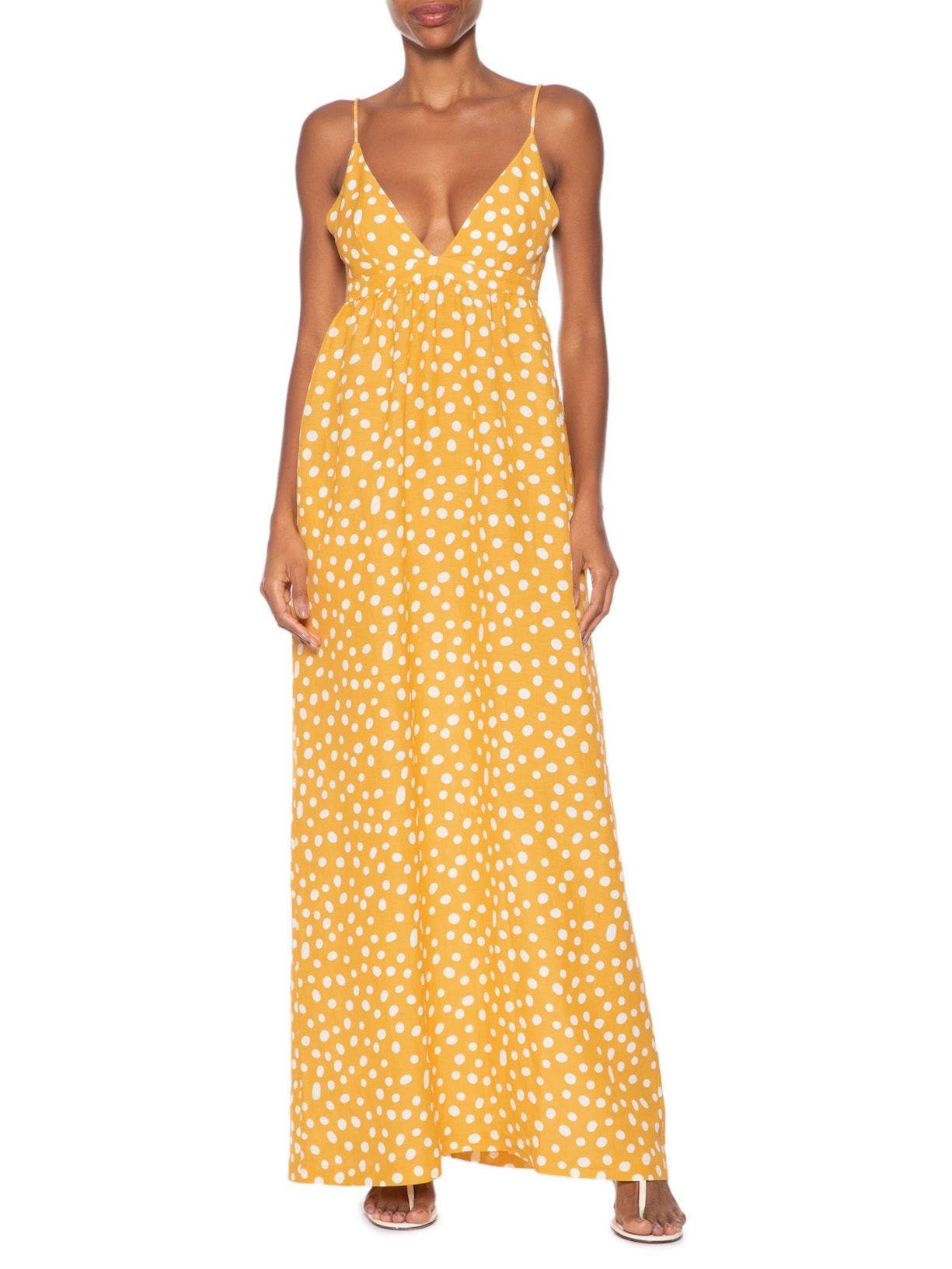 Vestido Longo Franzido Pois Amarelo Adriana Degreas