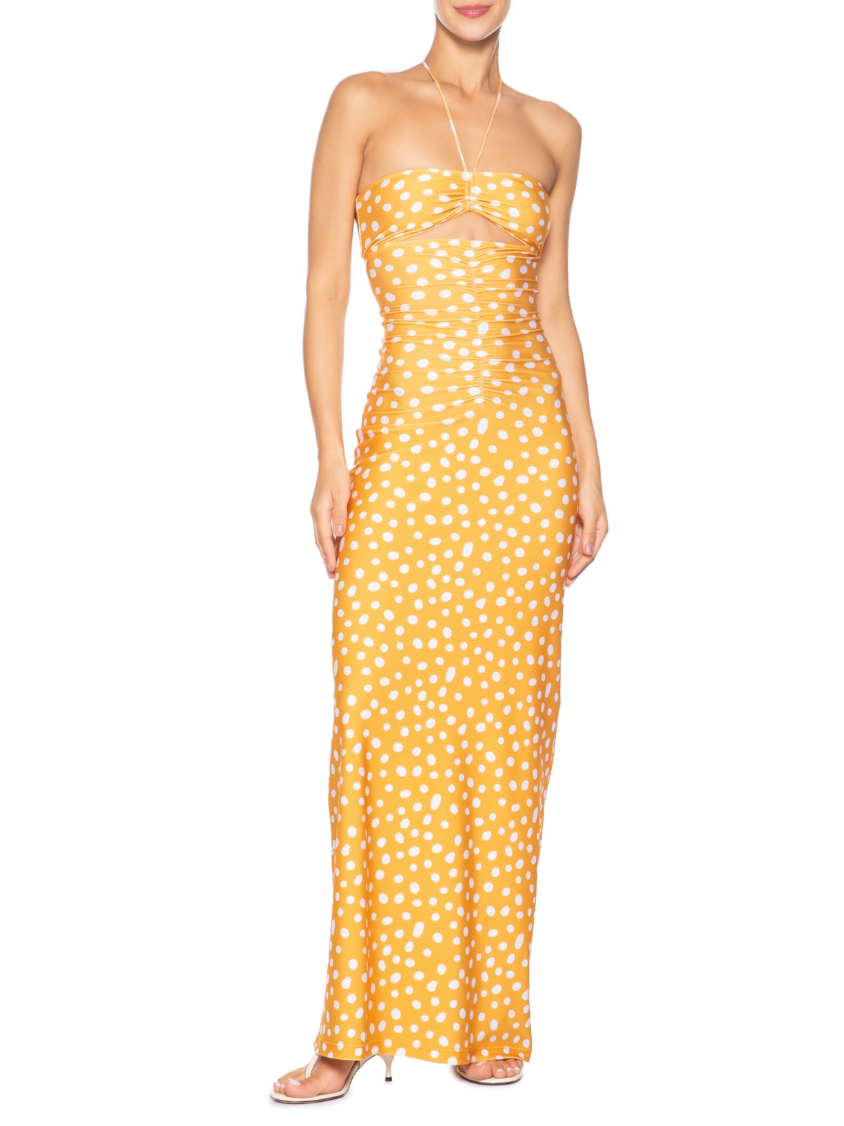 Vestido Longo Franzido Yellow Pois Amarelo Adriana Degreas