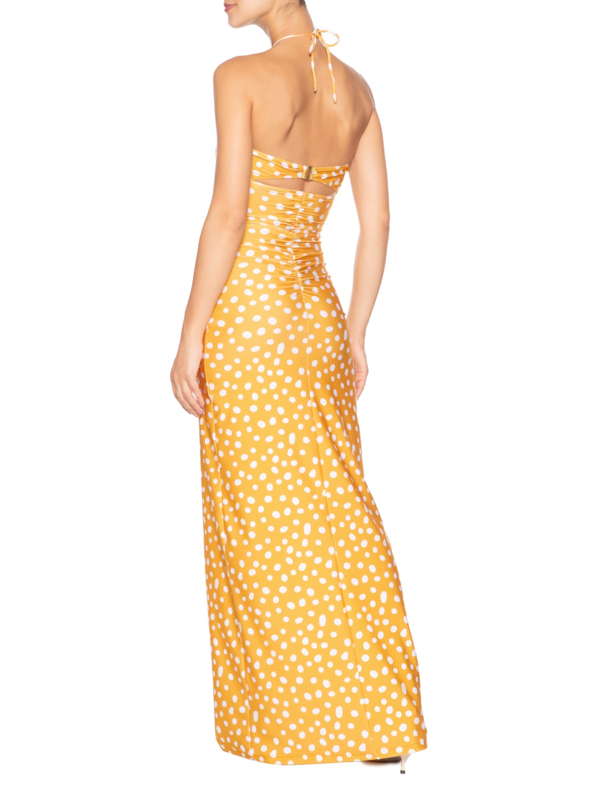 Vestido Longo Franzido Yellow Pois Amarelo Adriana Degreas
