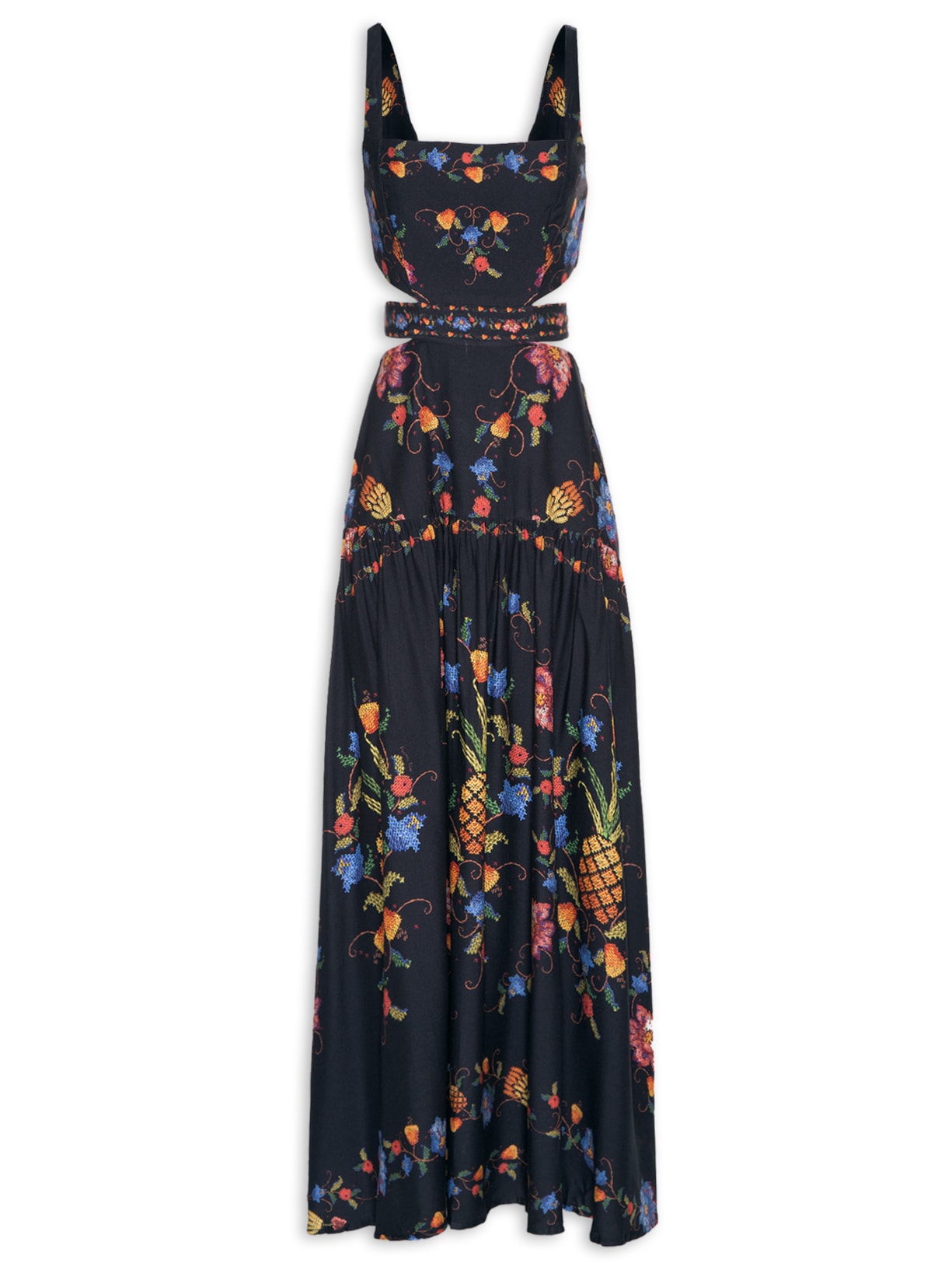 Vestido Longo Fruta Bordada - Preto