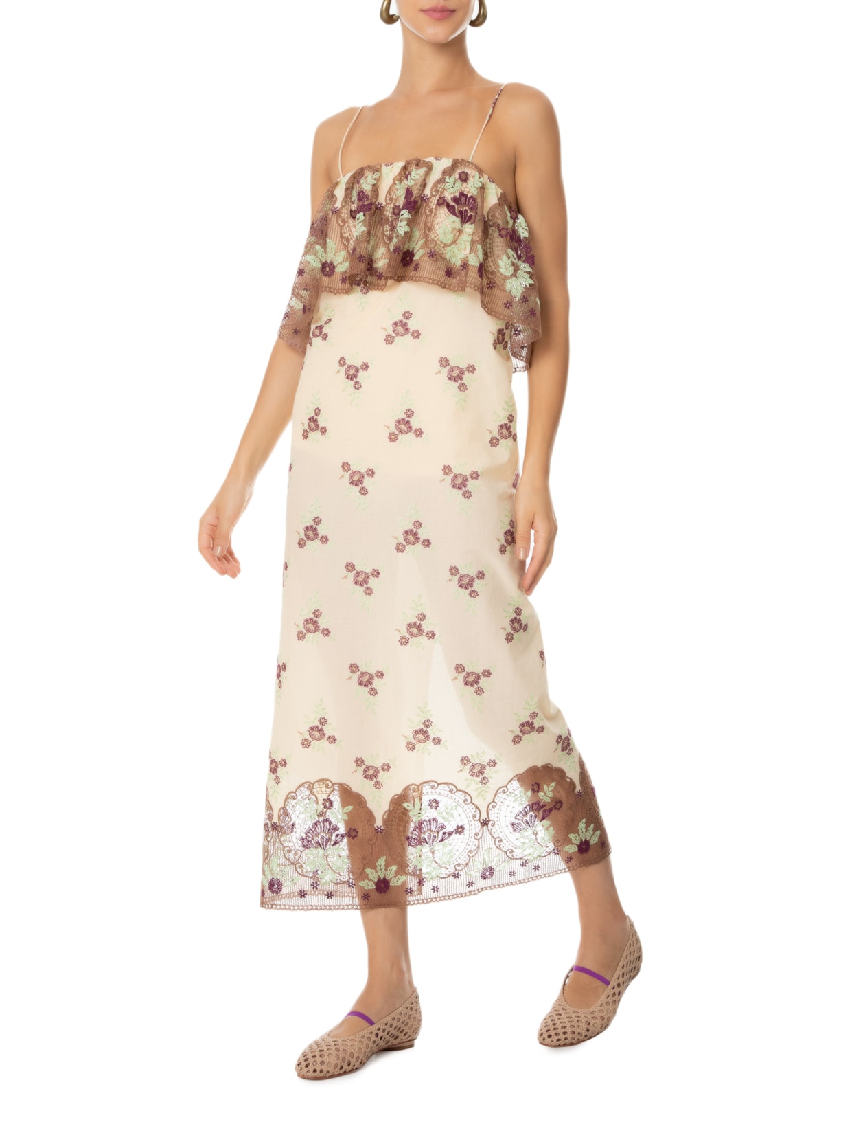 Vestido Longo Gaze Santa Fé Bege Paula Raia