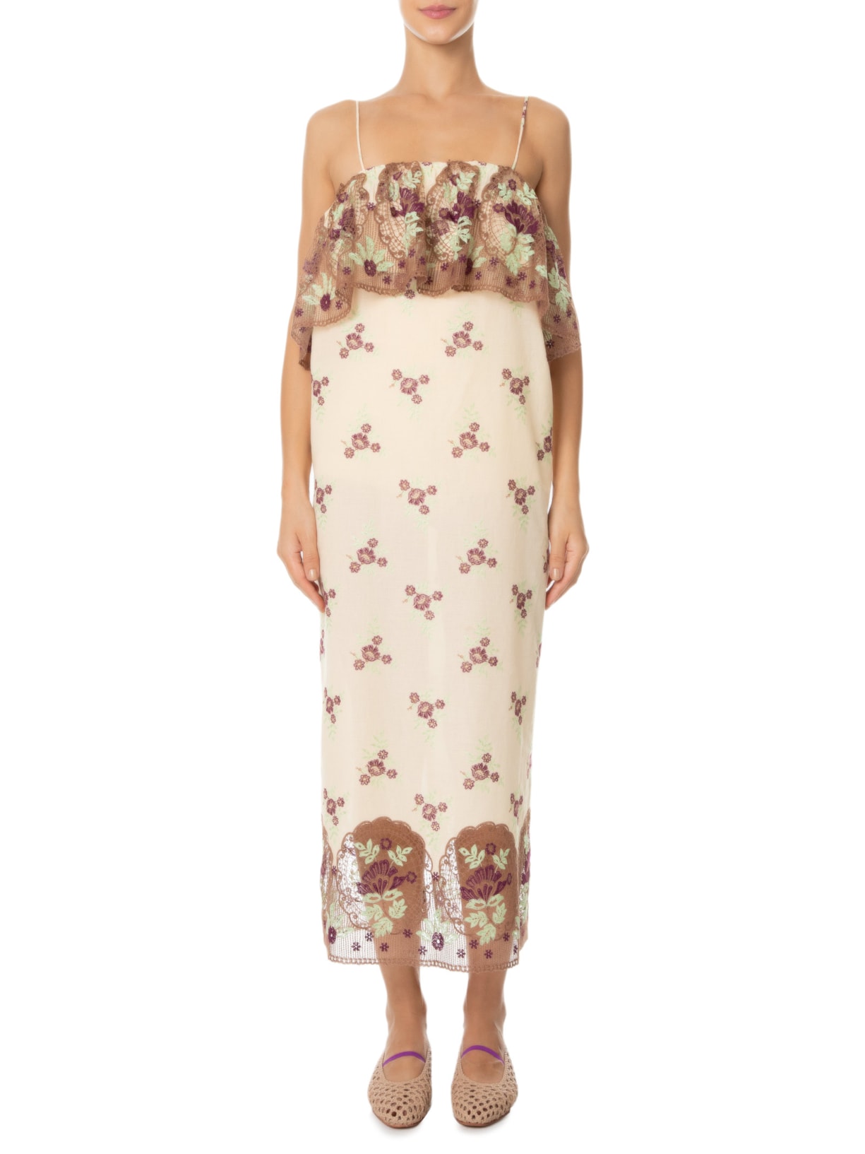 Vestido Longo Gaze Santa Fé Bege Paula Raia