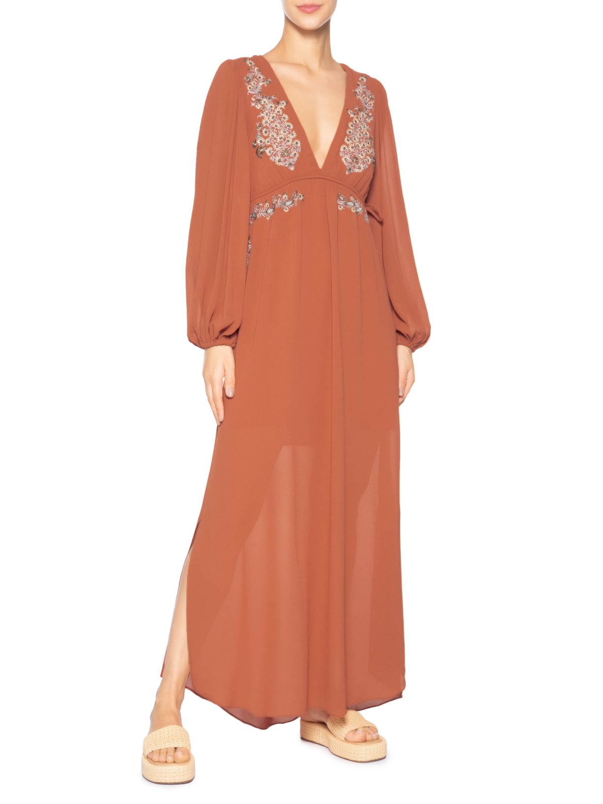 Vestido Longo Ggt Bordado Papiro Vermelho Maria Filó