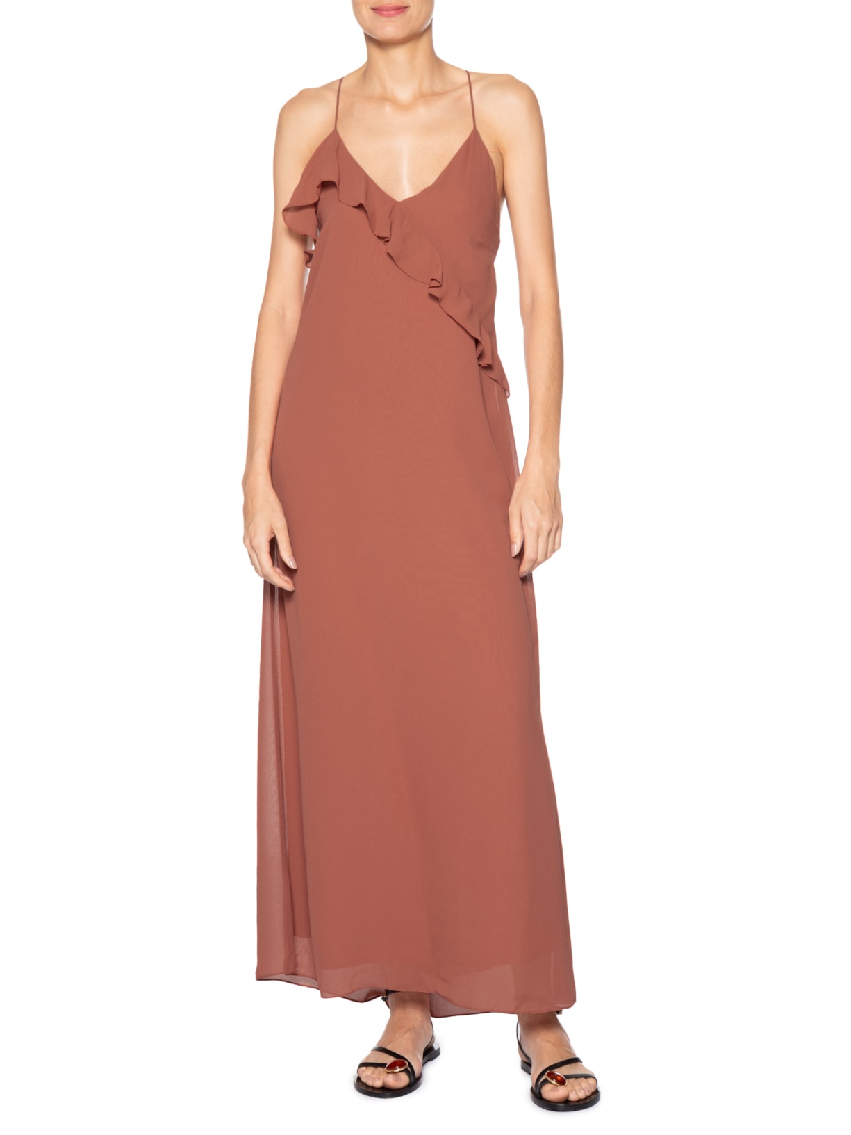 Vestido Longo GGT Decote Babado Marrom Dress To