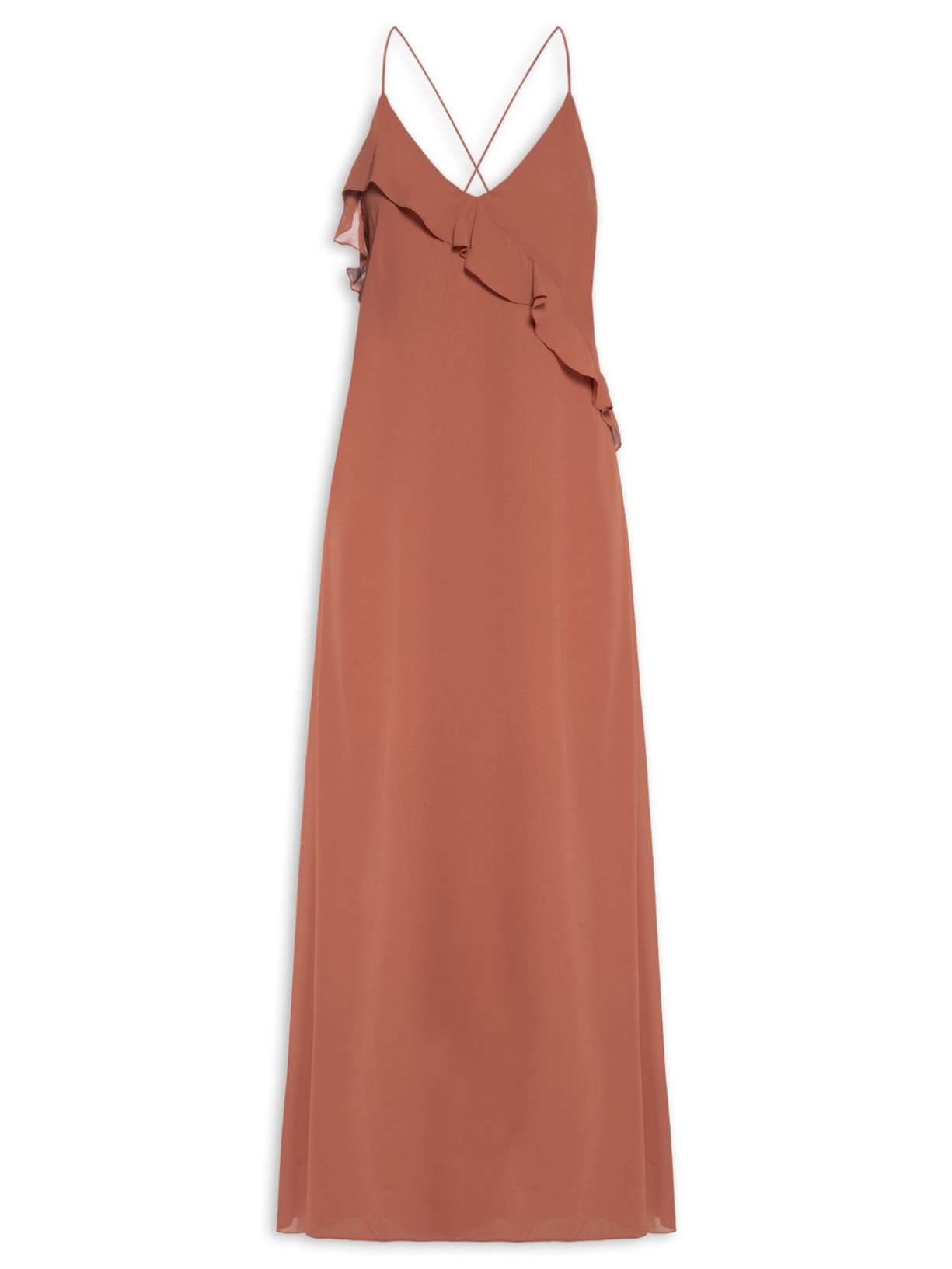 Vestido Longo GGT Decote Babado Marrom Dress To