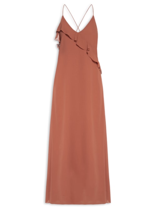 Vestido Longo GGT Decote Babado - Marrom