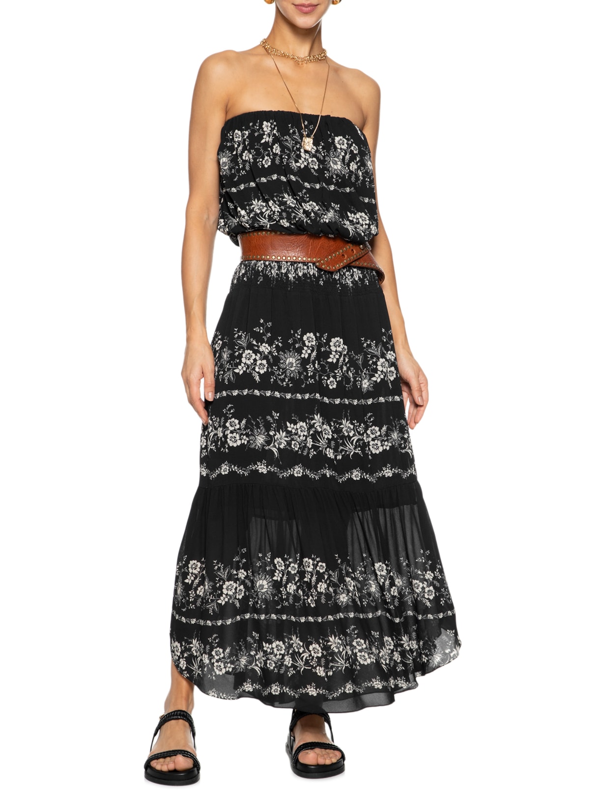 Vestido Longo GGT Pala Lastex  Flora Preto Maria Filó