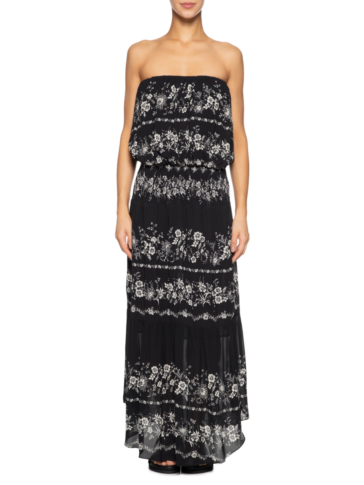 Vestido Longo GGT Pala Lastex  Flora Preto Maria Filó