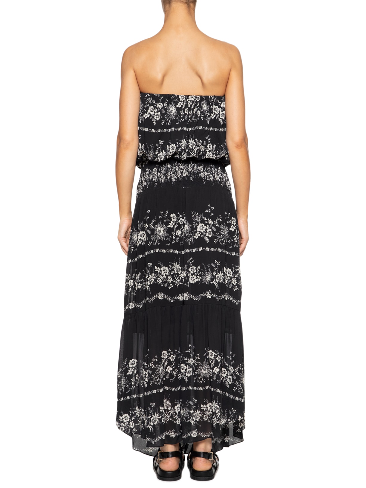 Vestido Longo GGT Pala Lastex  Flora Preto Maria Filó
