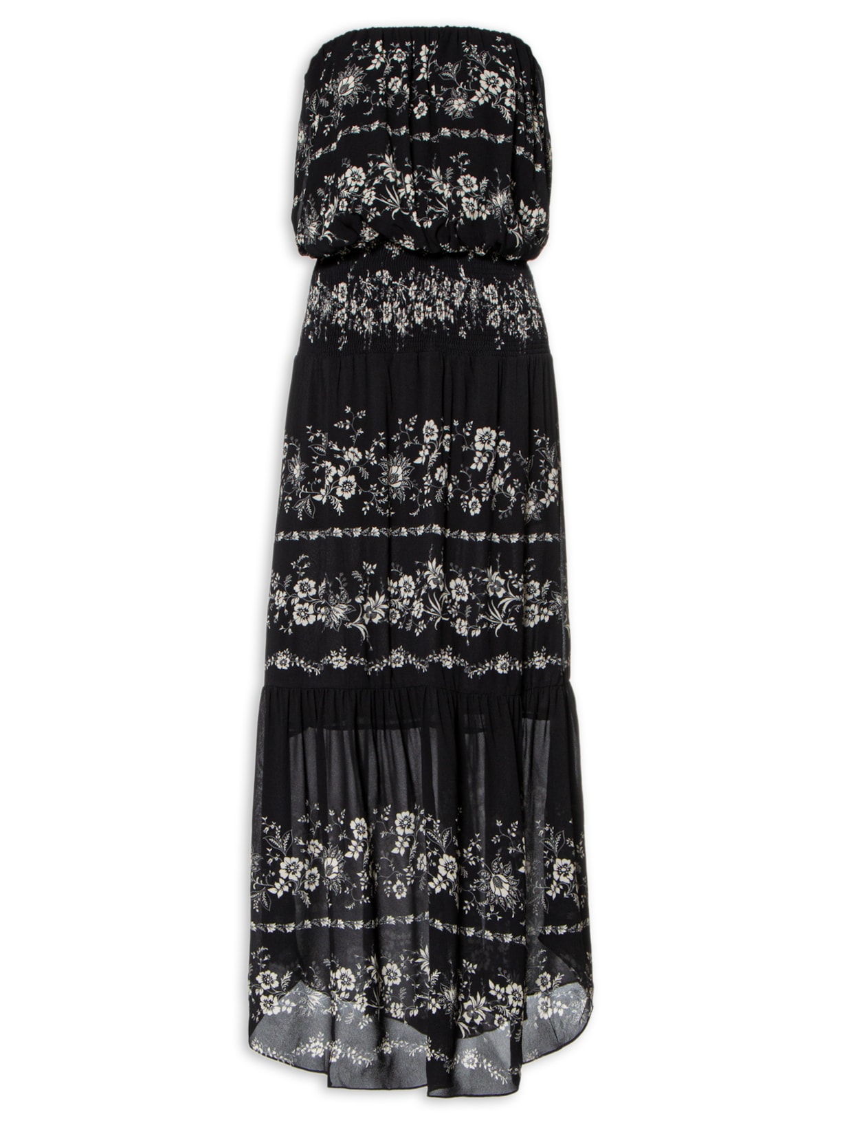 Vestido Longo GGT Pala Lastex  Flora Preto Maria Filó