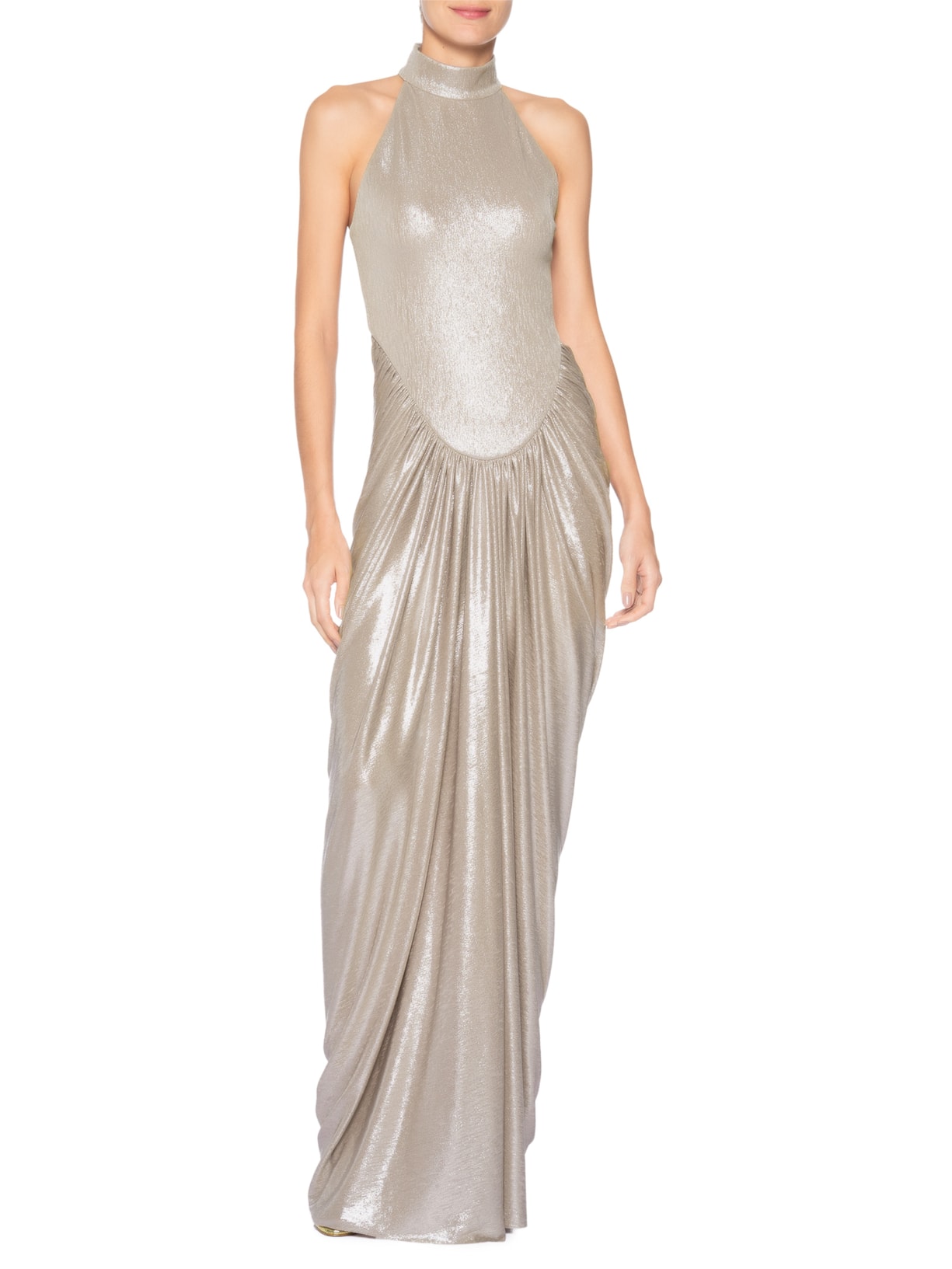 Vestido Longo Gola Alta Com Saia Drapeada Prateado Reinaldo Lourenço
