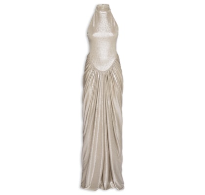 Vestido Longo Gola Alta Com Saia Drapeada - Prateado