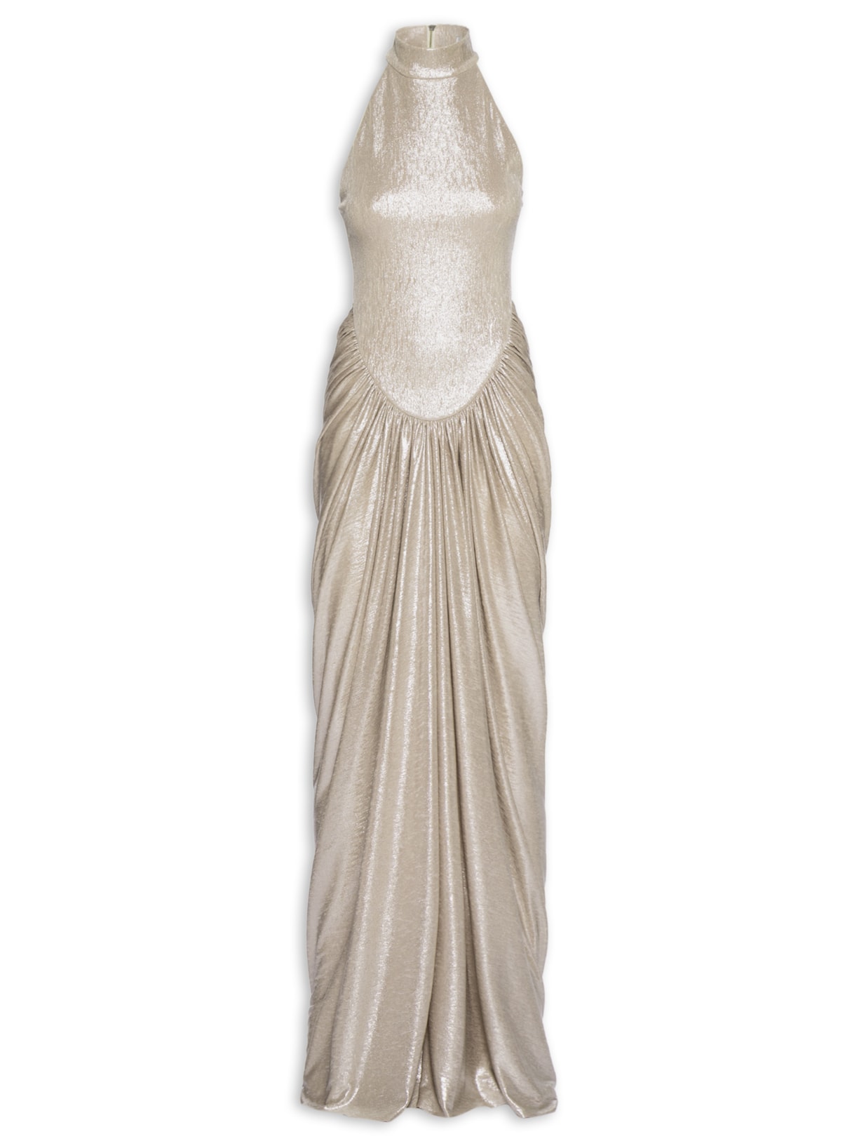 Vestido Longo Gola Alta Com Saia Drapeada - Prateado