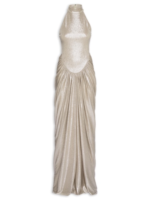 Vestido Longo Gola Alta Com Saia Drapeada - Prateado