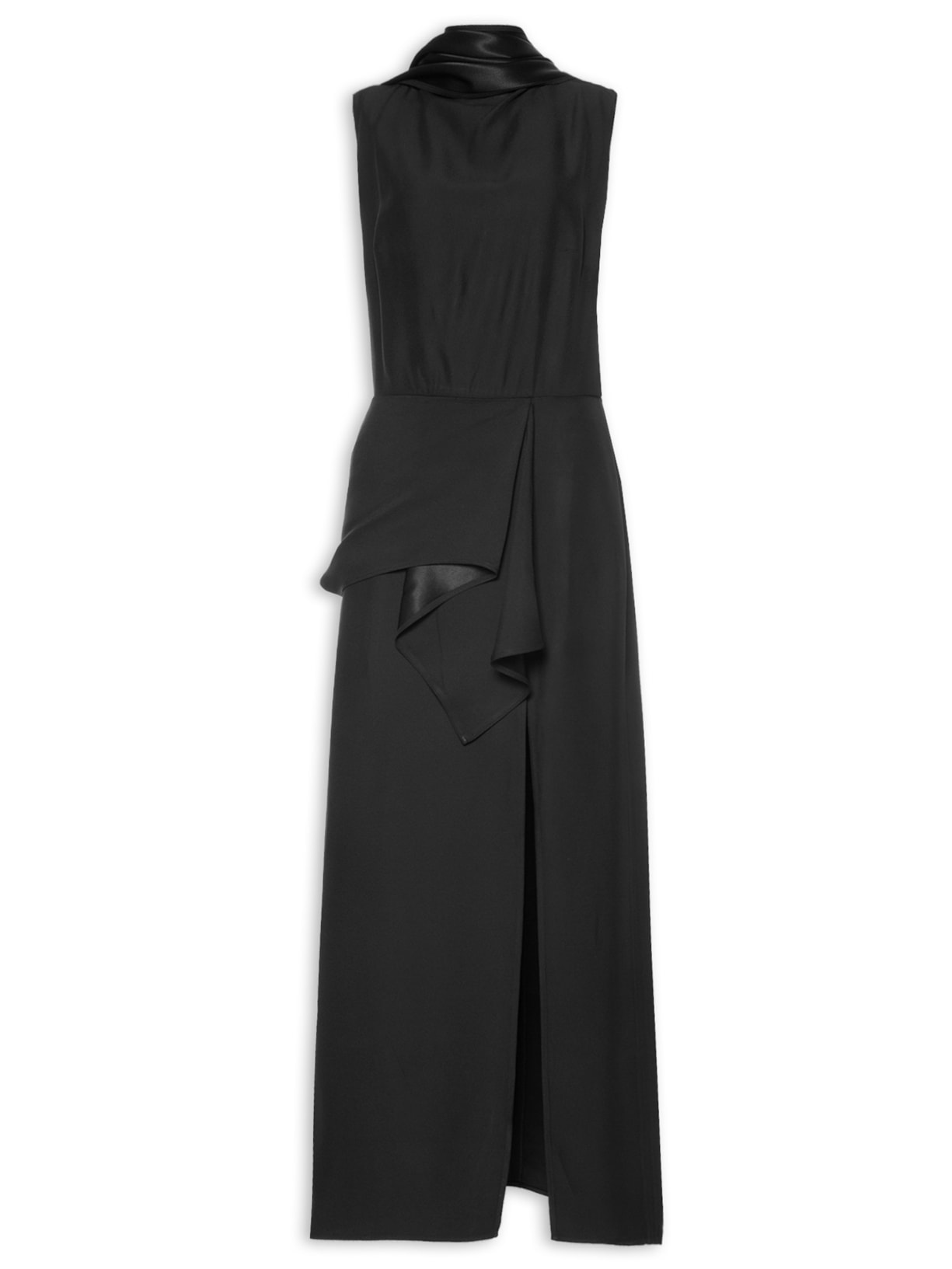 Vestido Longo Gola Alta De Crepe - Preto