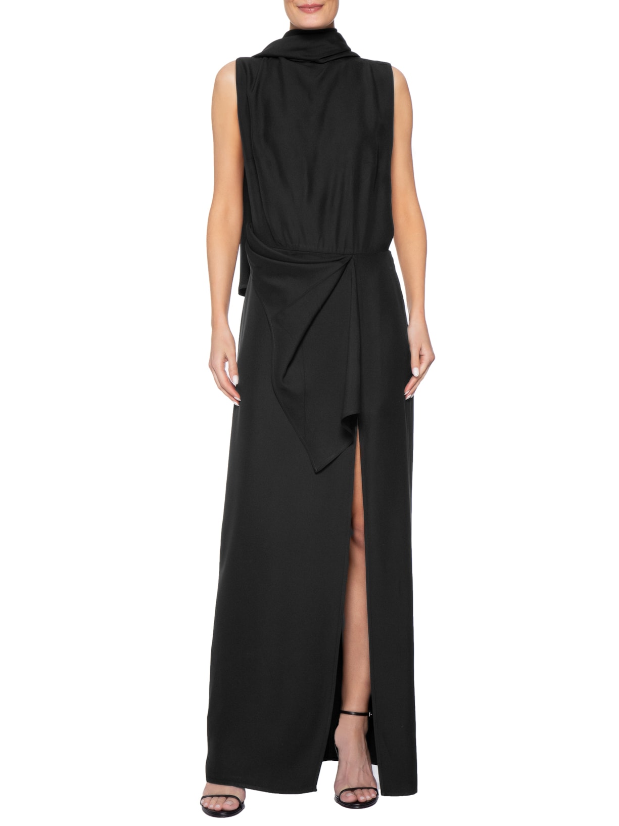 Vestido Longo Gola Alta De Crepe Preto Bo