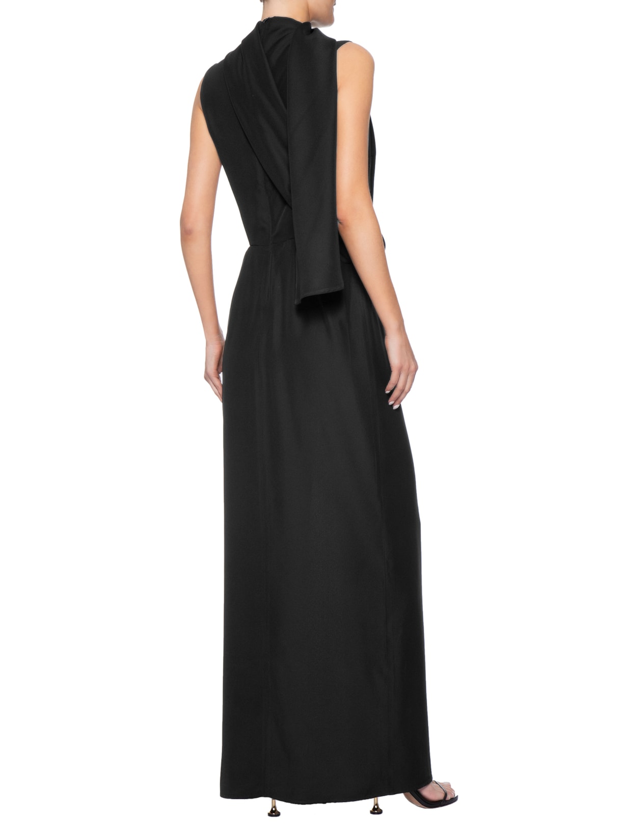 Vestido Longo Gola Alta De Crepe Preto Bo