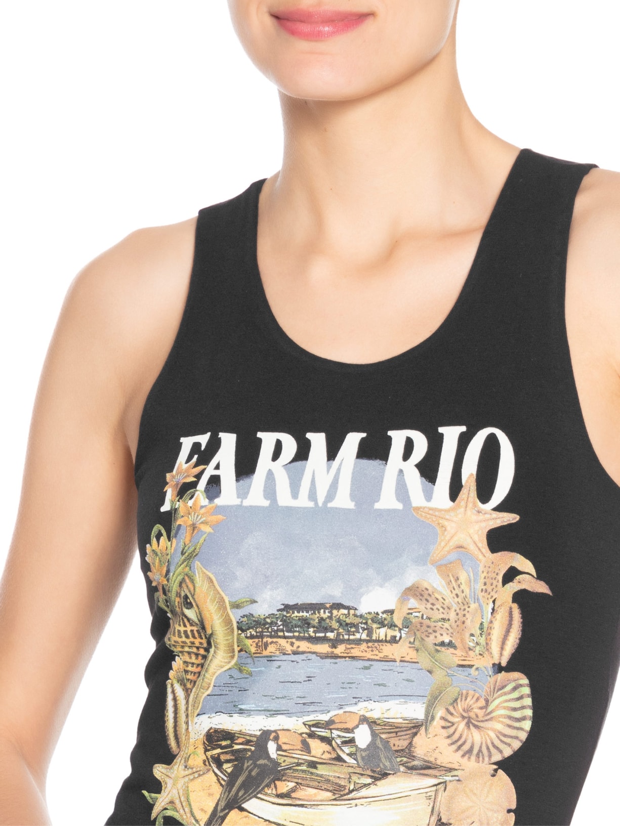 Vestido Longo Lenço Moldura Conchas Preto Farm