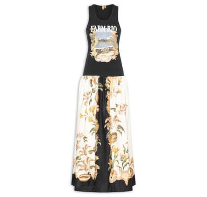 Vestido Longo Lenço Moldura Conchas - Preto