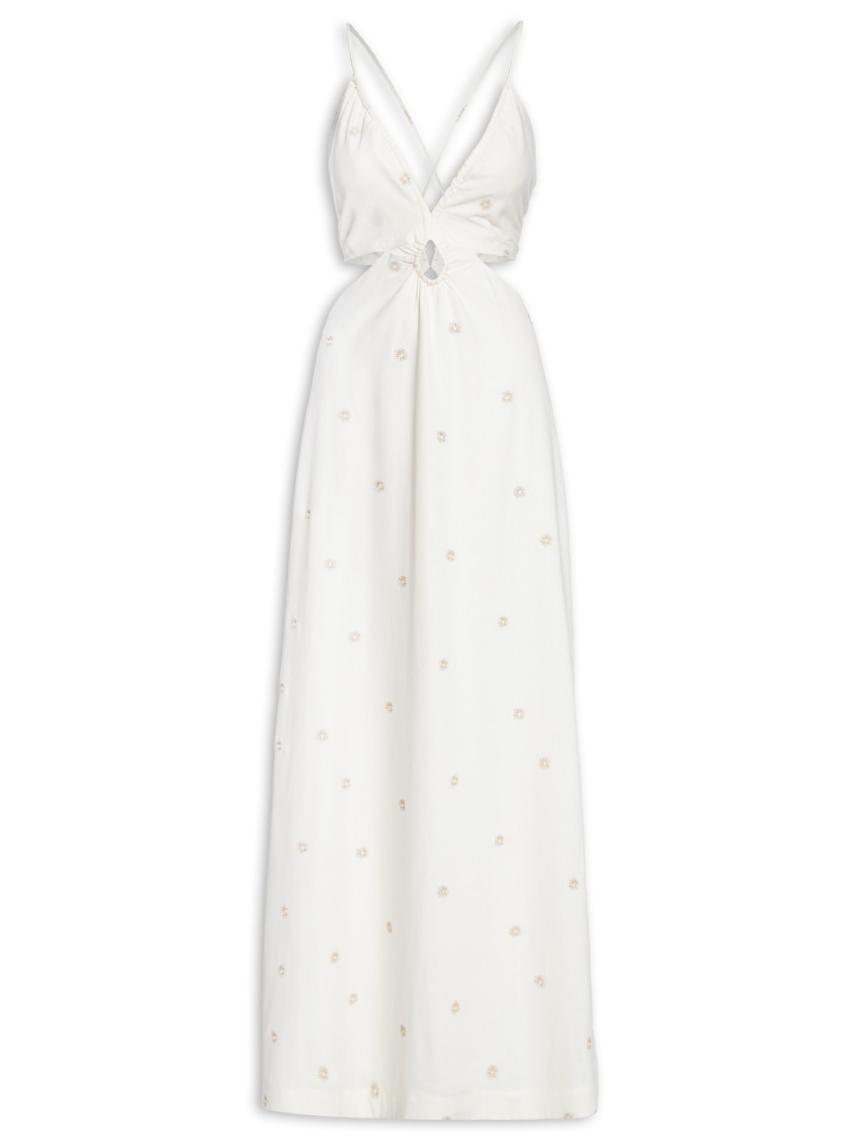 Vestido Longo Linho Bordado Lurex Sol - Branco