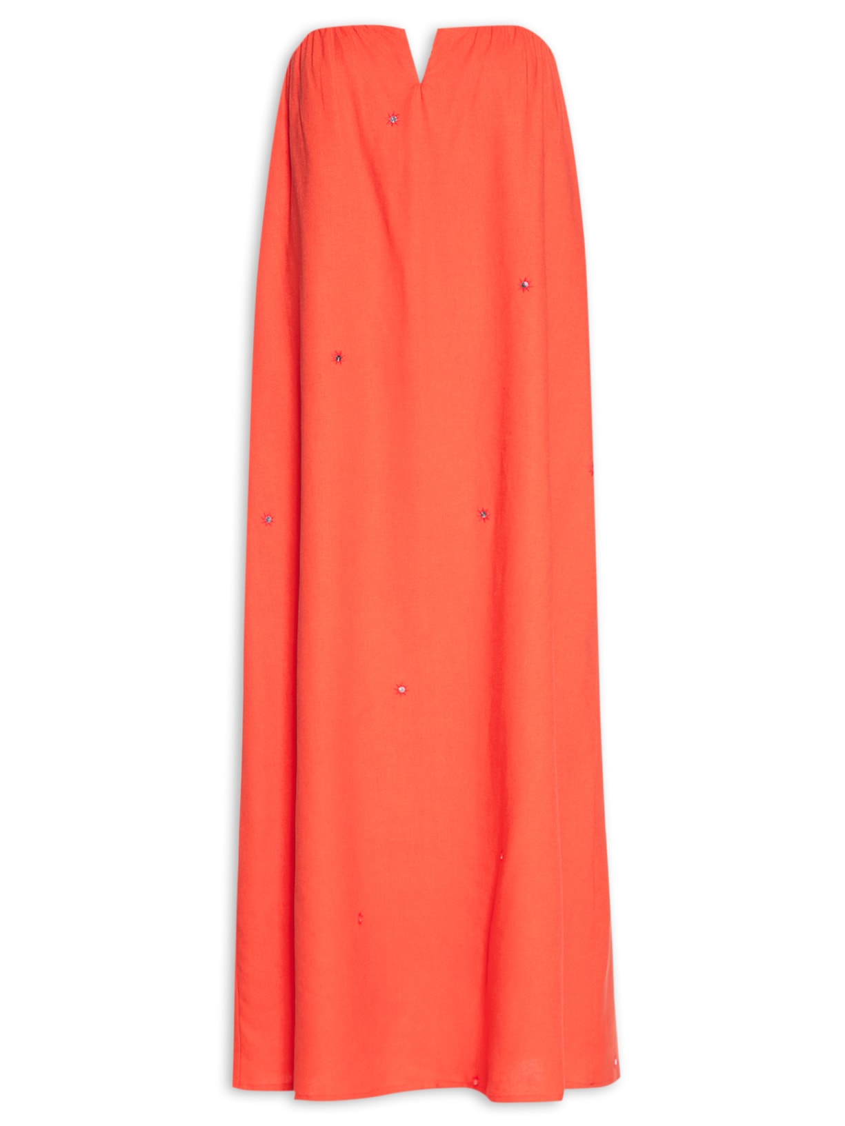 Vestido Longo Linho Bordado Paetê - Vermelho