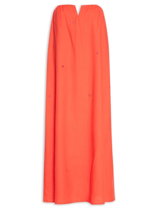 Vestido Longo Linho Bordado Paetê - Vermelho