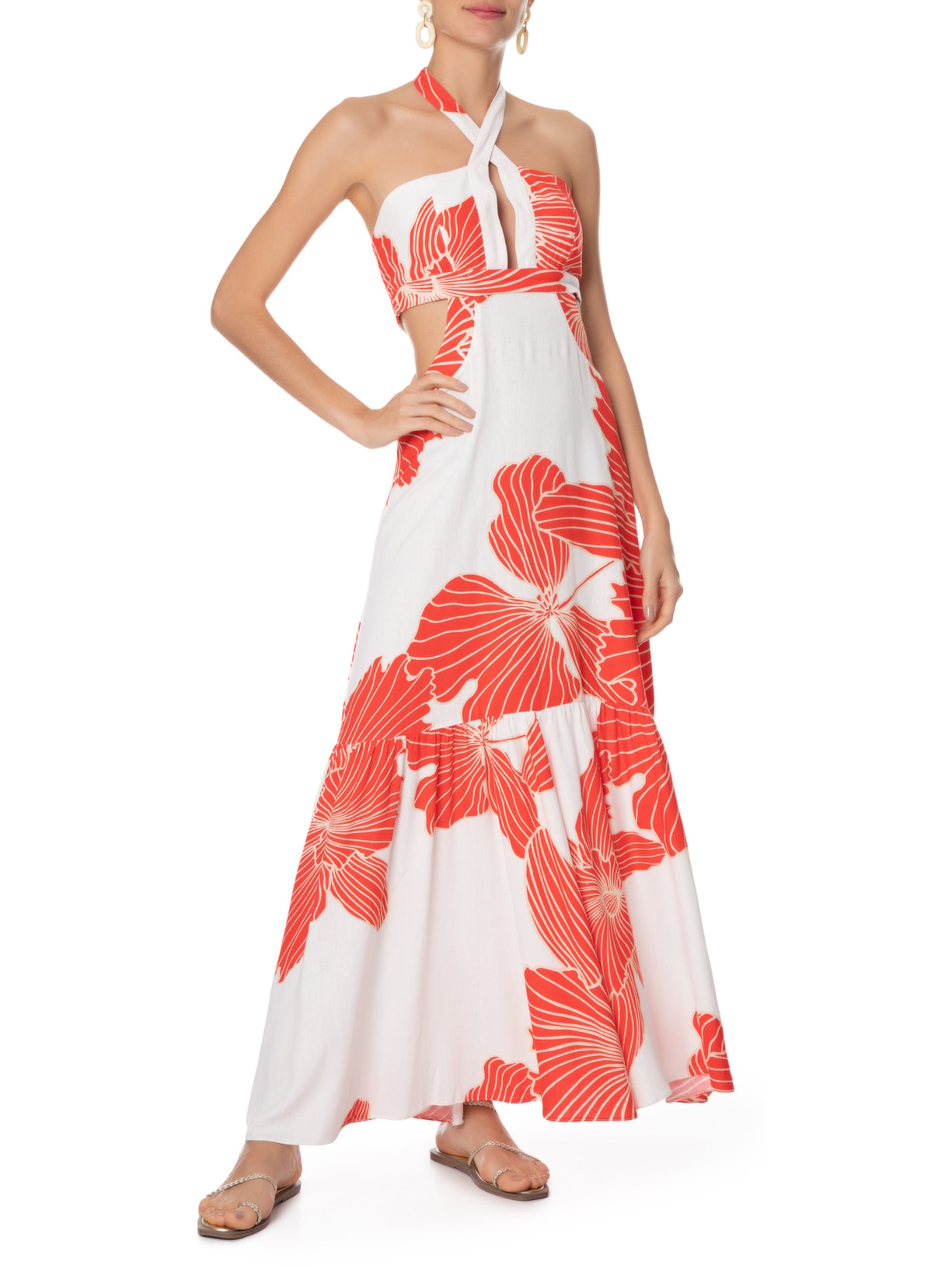 Vestido Longo Linho Estampa Ondina Laranja Dress To