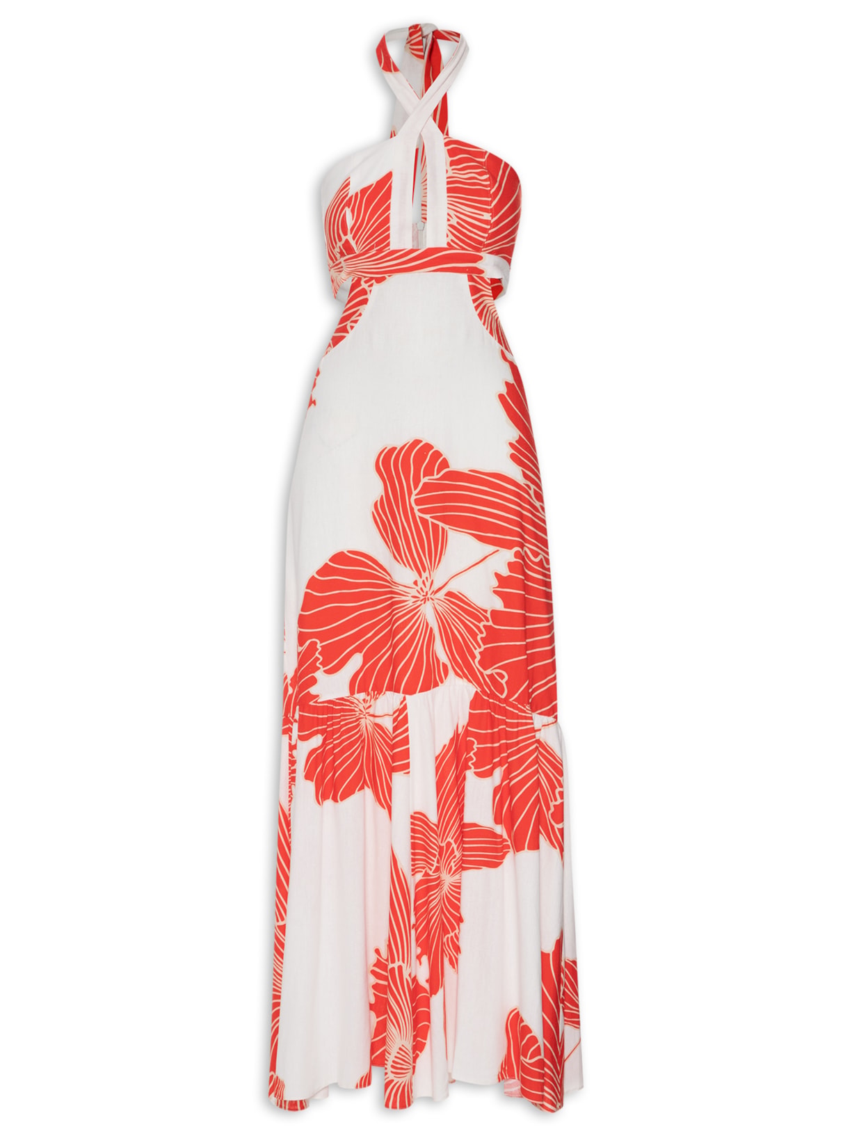 Vestido Longo Linho Estampa Ondina - Laranja
