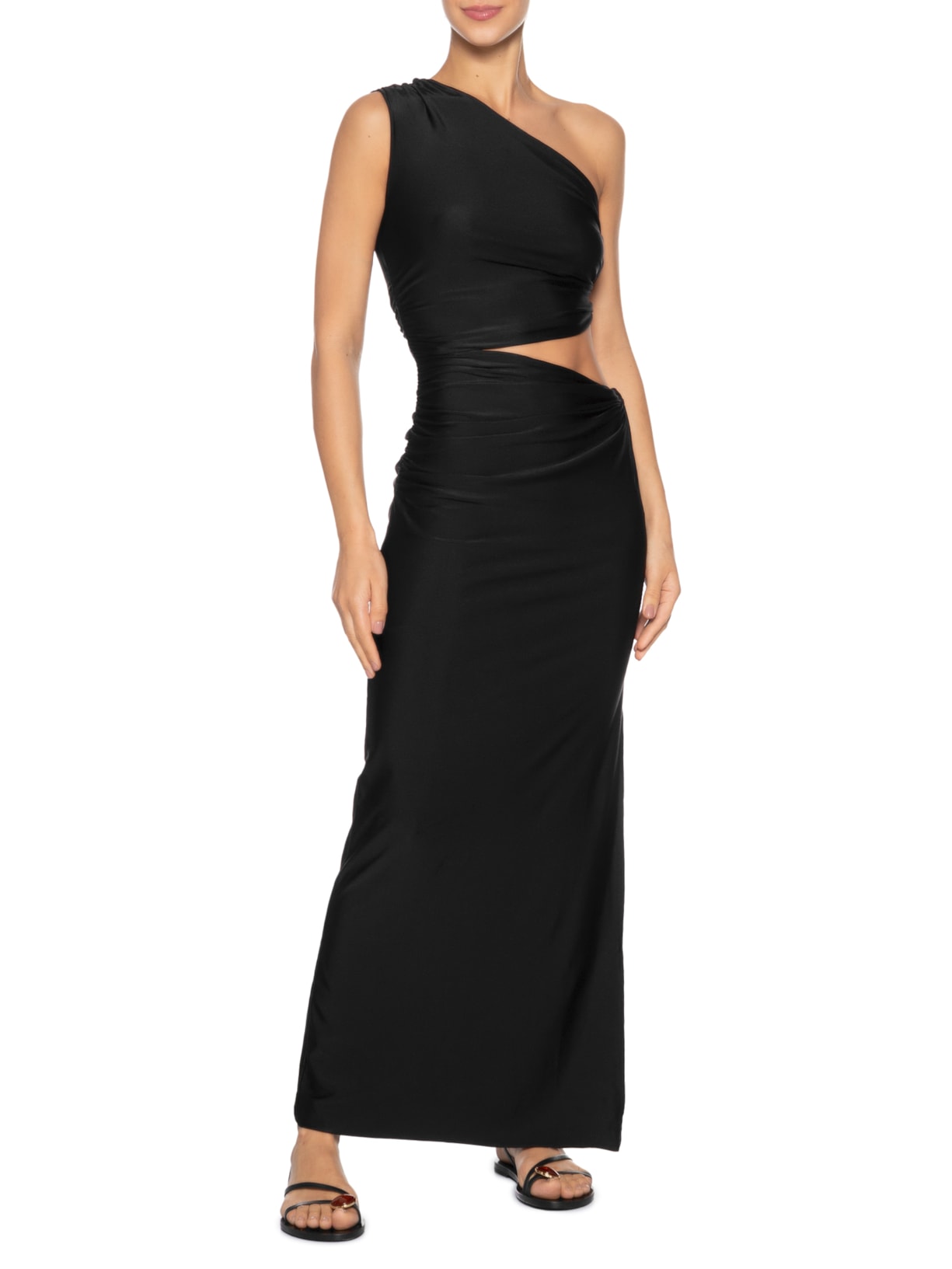 Vestido Longo Liso De Um Ombro Só Preto Cia Marítima