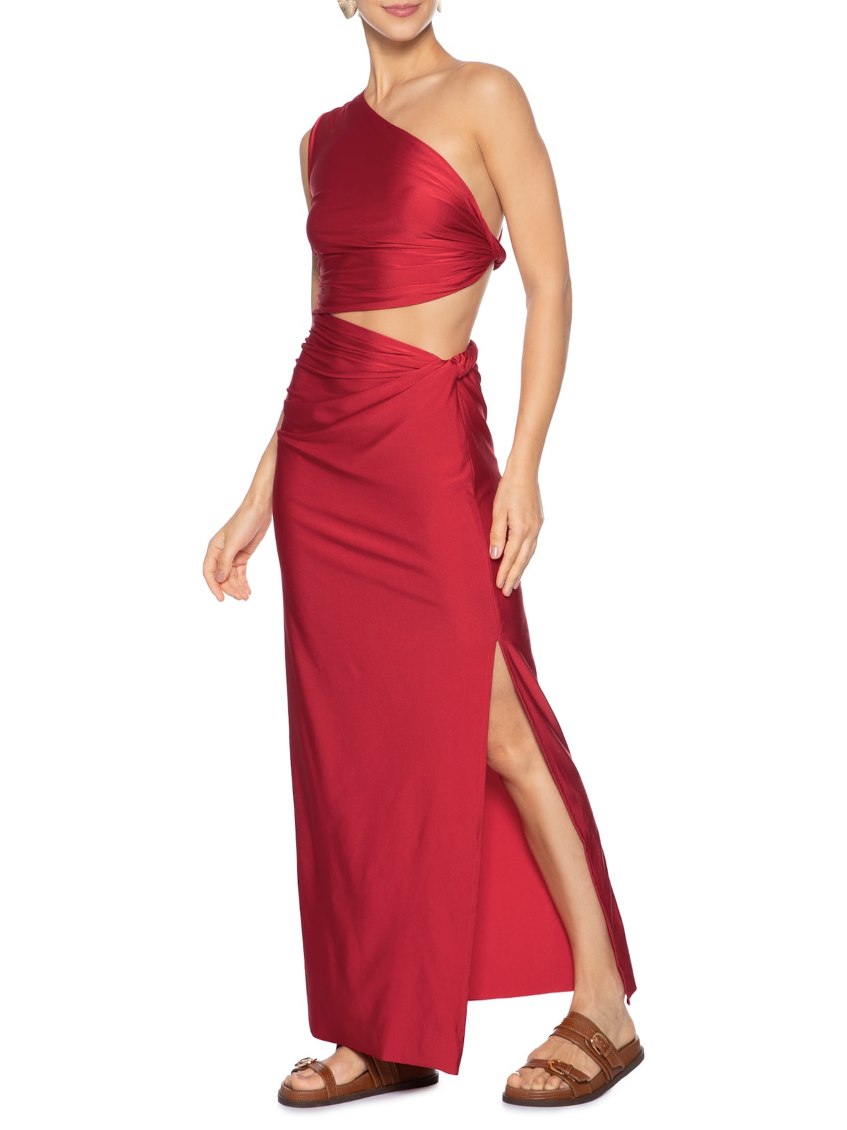 Vestido Longo Liso De Um Ombro Só Vermelho Cia Marítima