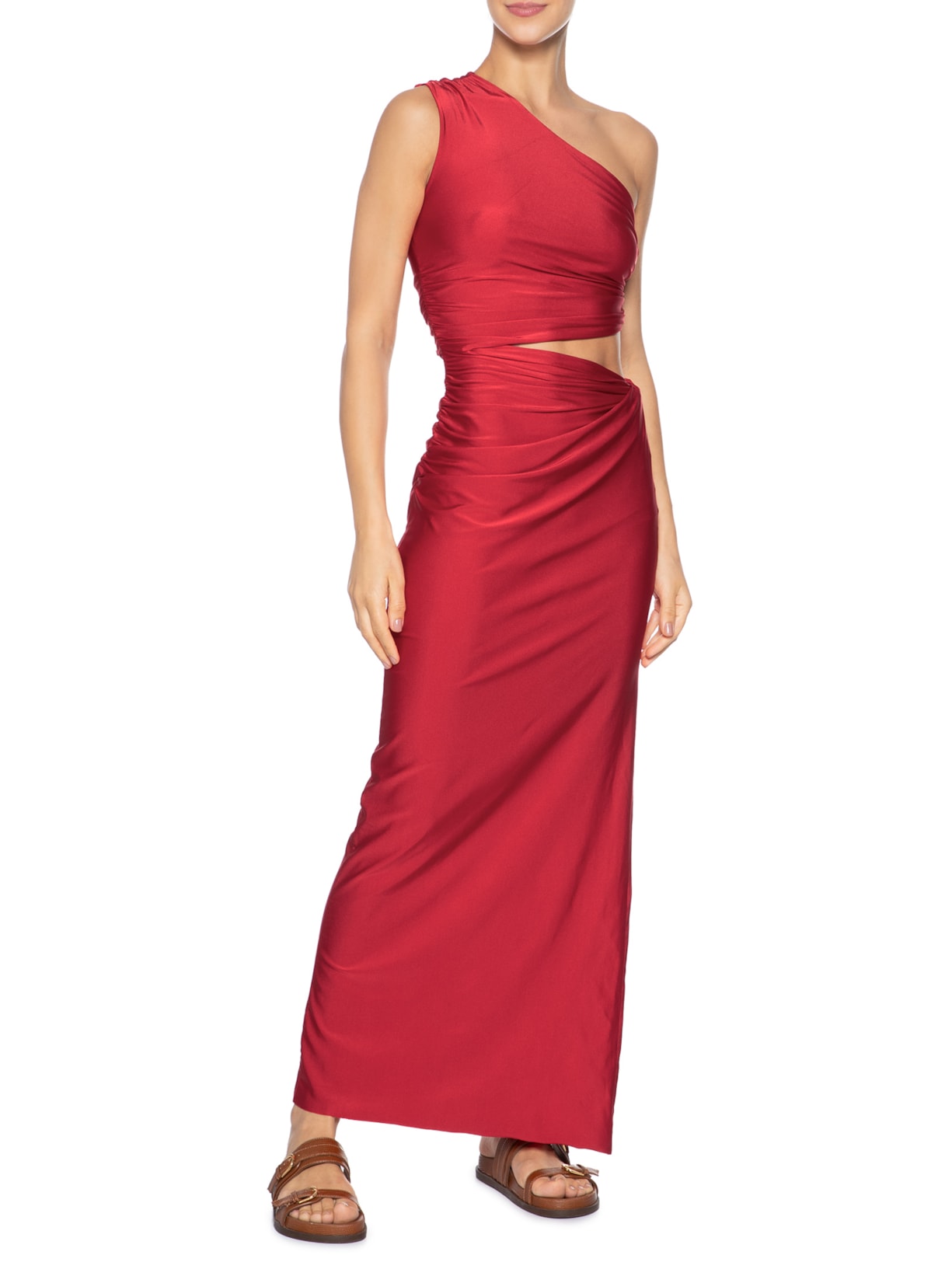 Vestido Longo Liso De Um Ombro Só Vermelho Cia Marítima