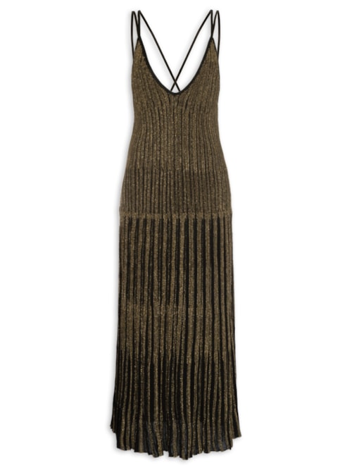 Vestido Longo Listra Vertical Lurex Ouro - Dourado