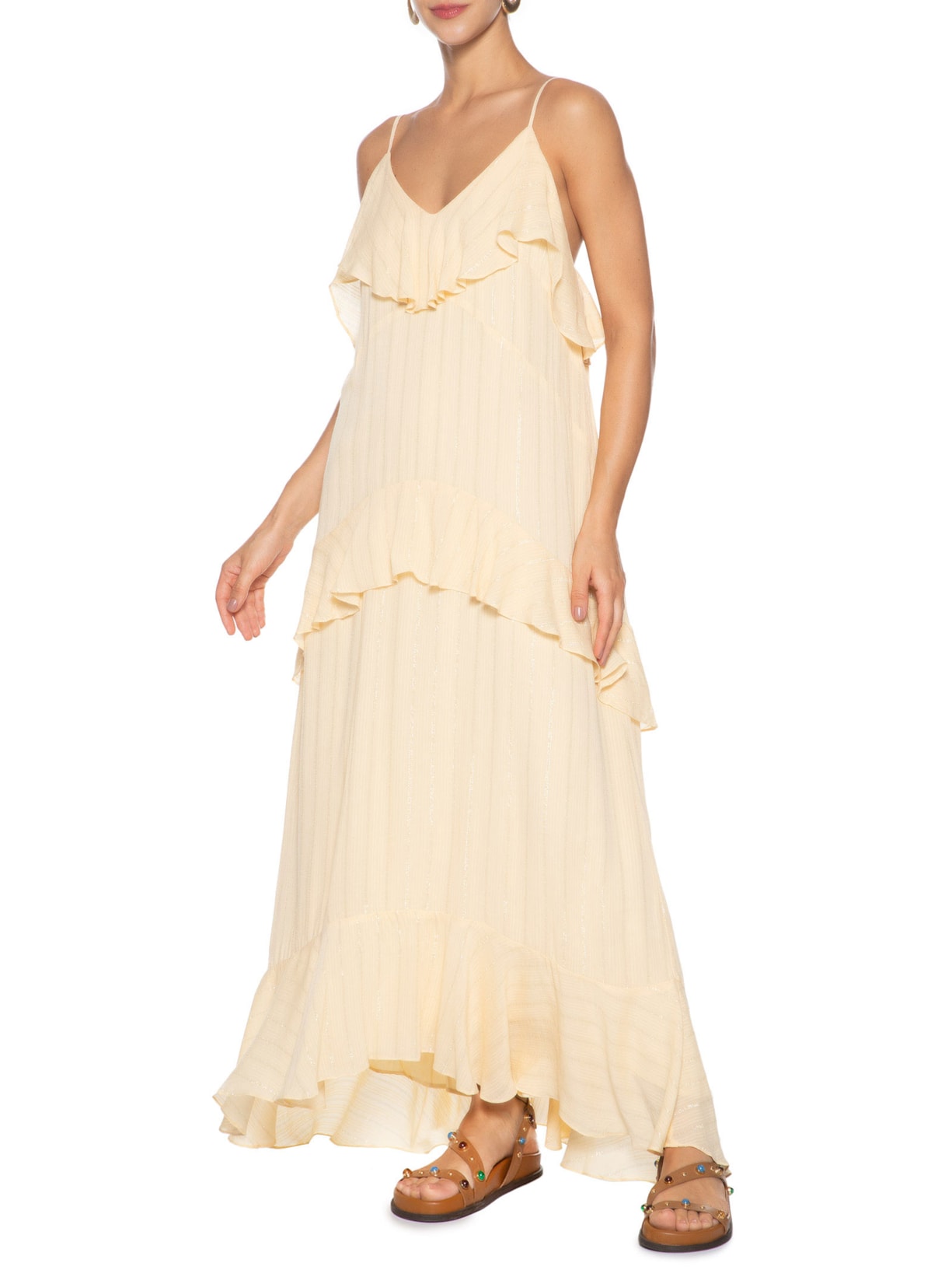 Vestido Longo Lurex Babados Amarelo Dress To