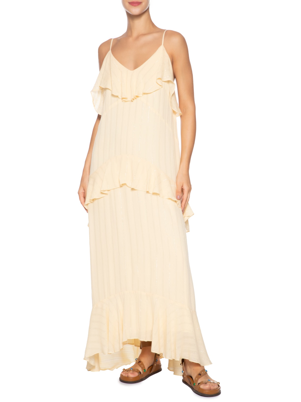 Vestido Longo Lurex Babados Amarelo Dress To