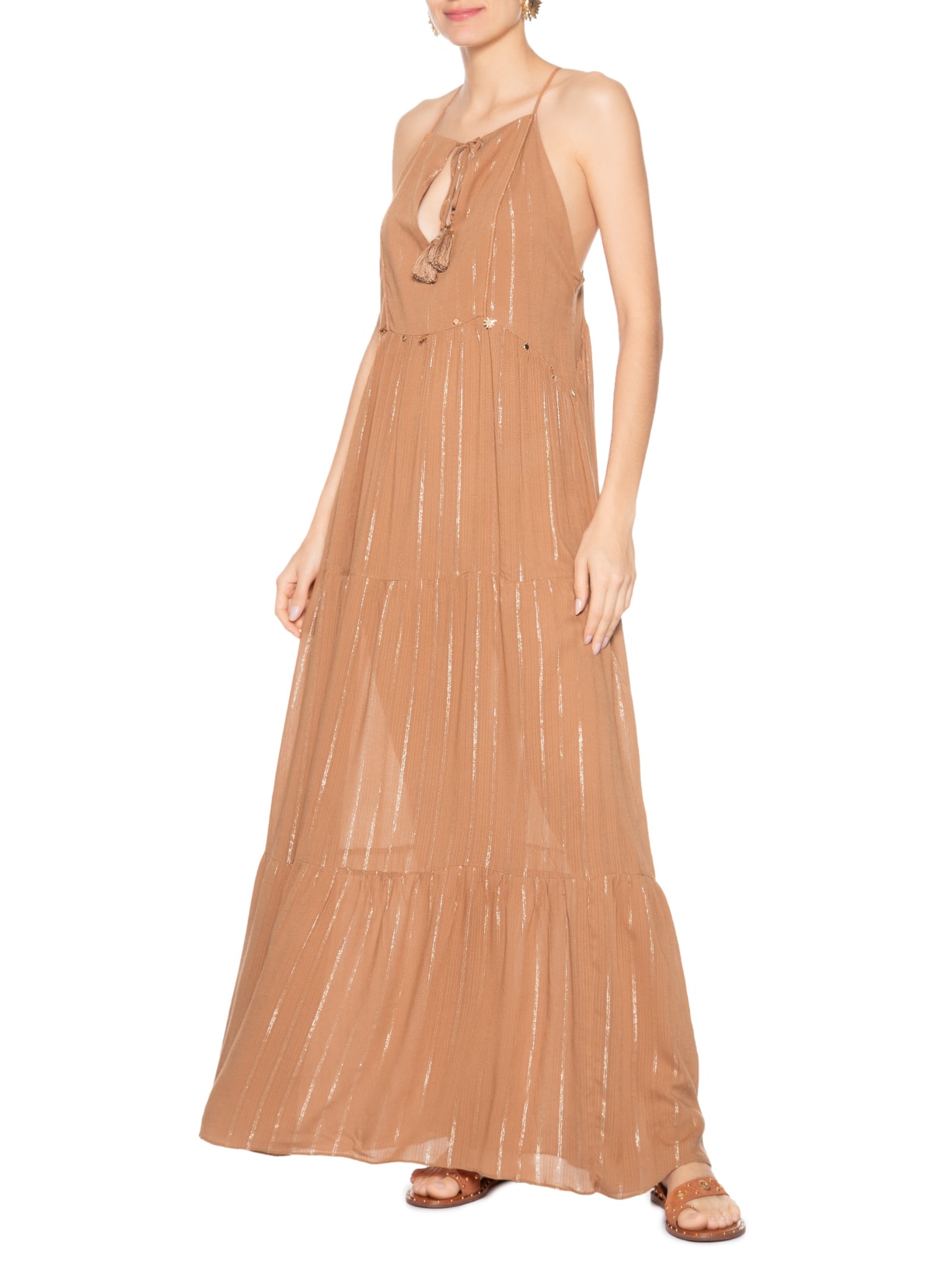 Vestido Longo Lurex Bordado Moedinha Marrom Dress To