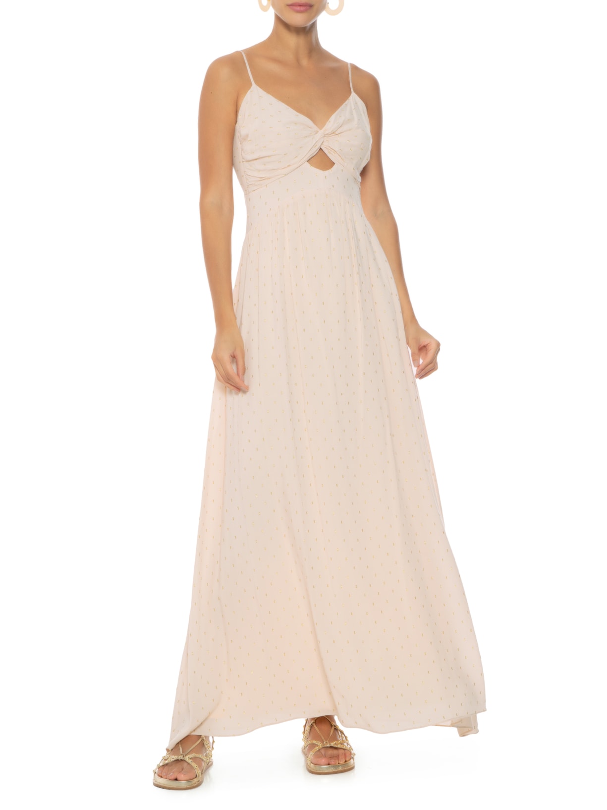 Vestido Longo Lurex Busto Franzido Bege Dress To