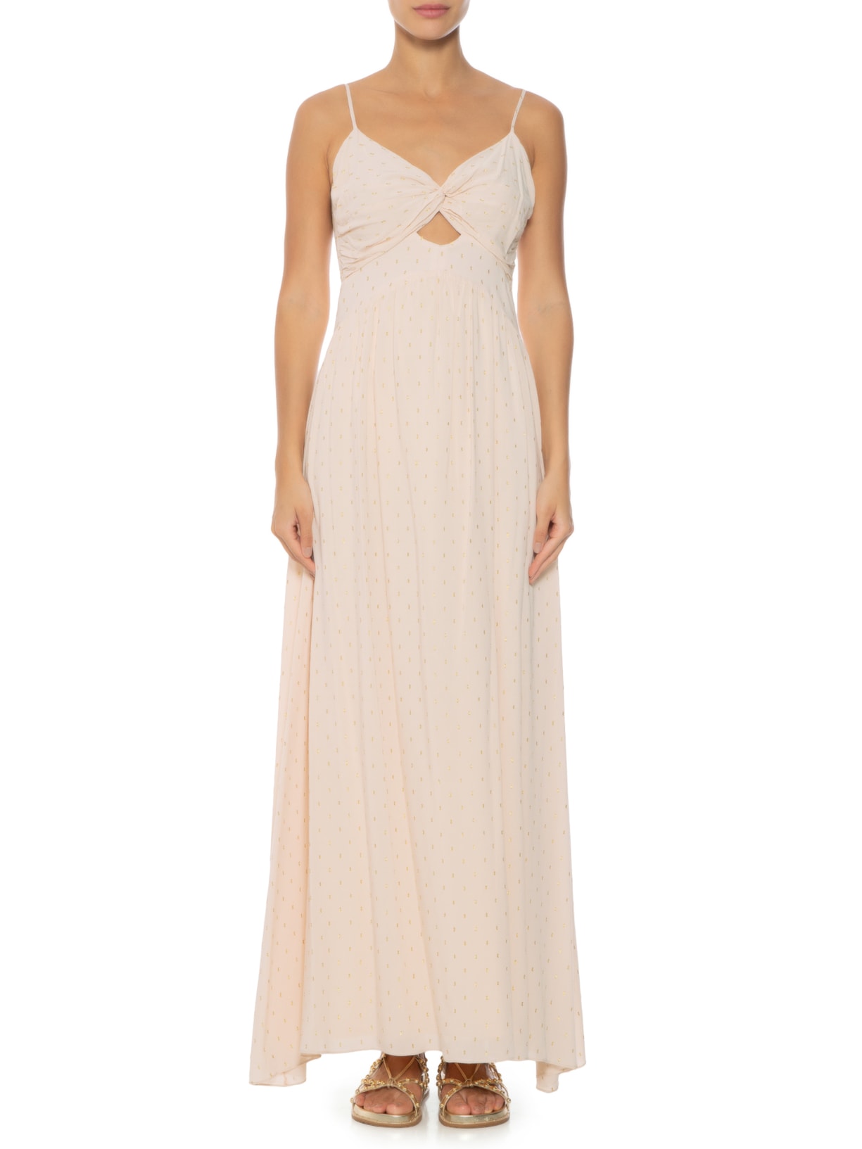 Vestido Longo Lurex Busto Franzido Bege Dress To