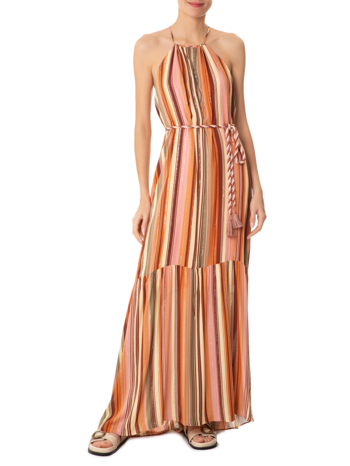 Vestido Longo Lurex Estampa Bosque Rosa Dress To