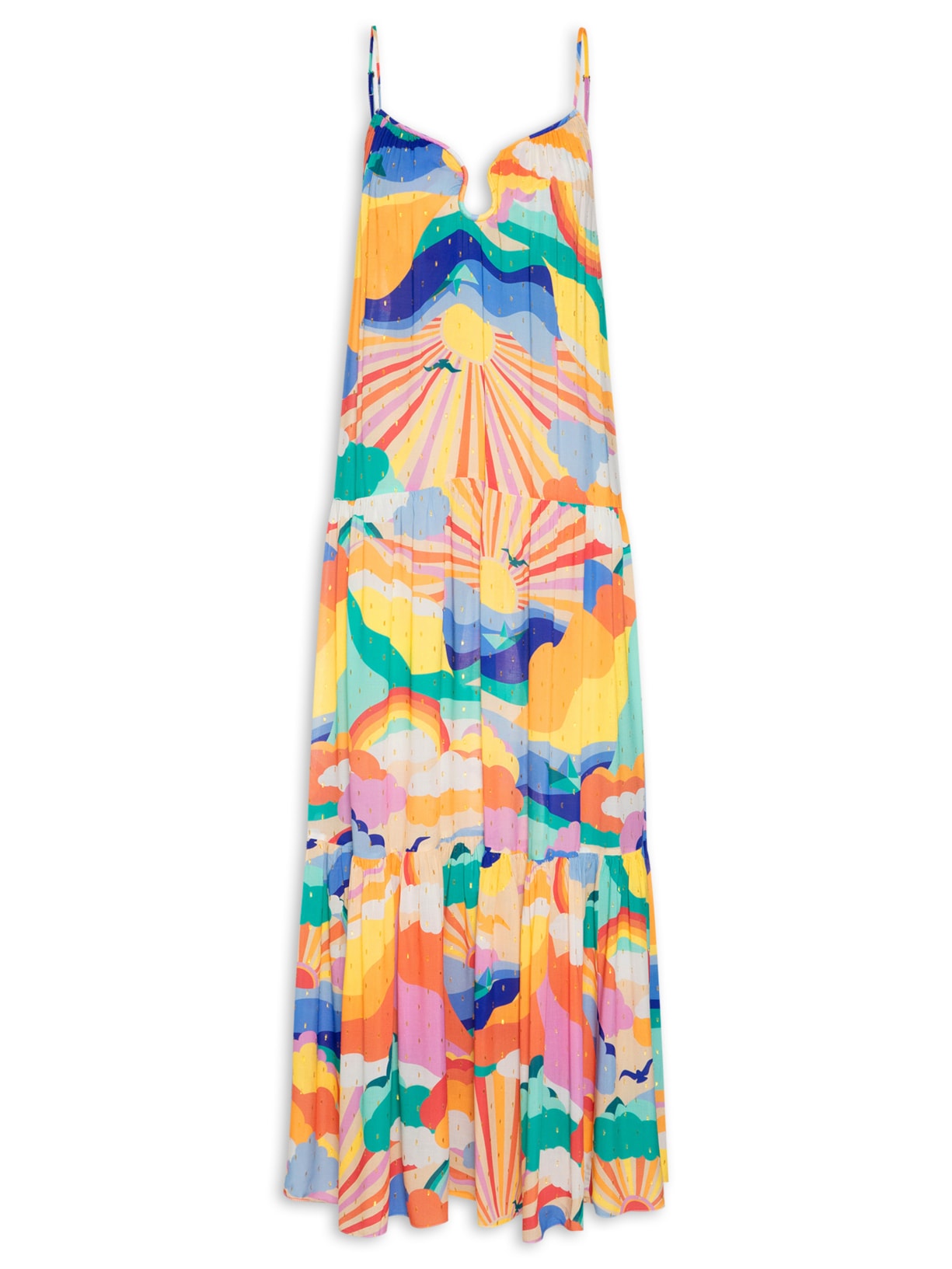 Vestido Longo Lurex Estampa Paradiso - Laranja