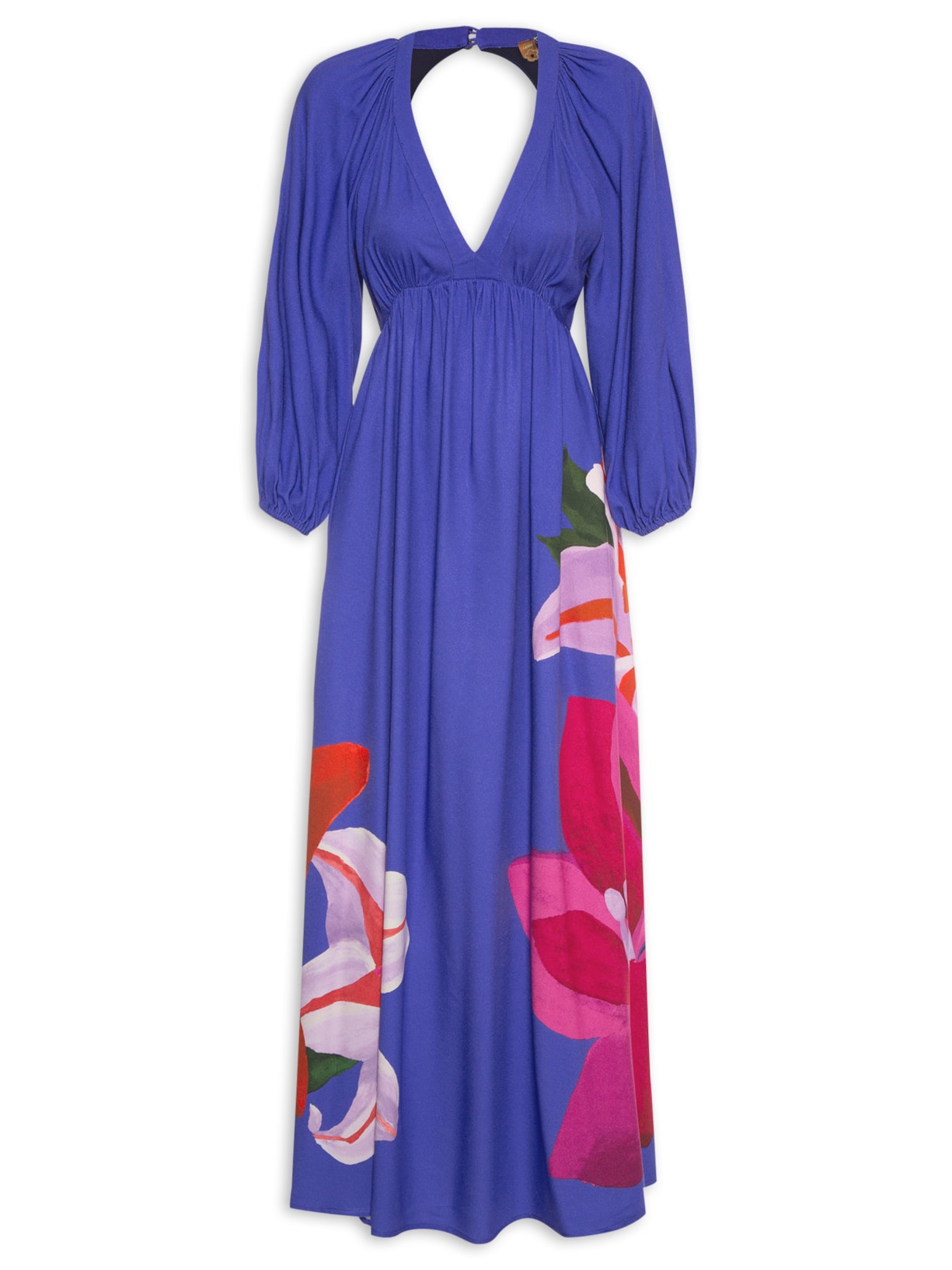 Vestido Longo Manga Aquarela Floral - Azul