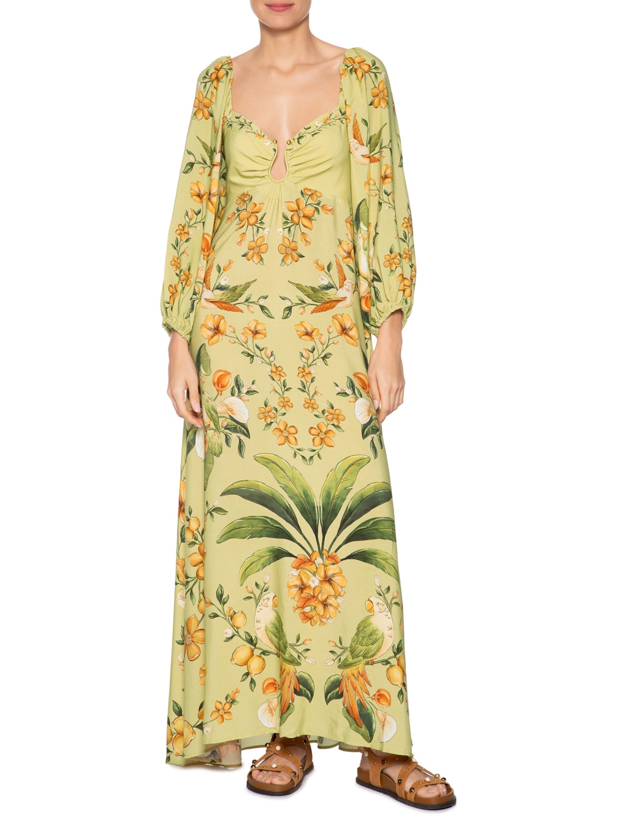 Vestido Longo Manga Bosque Chic Verde Farm